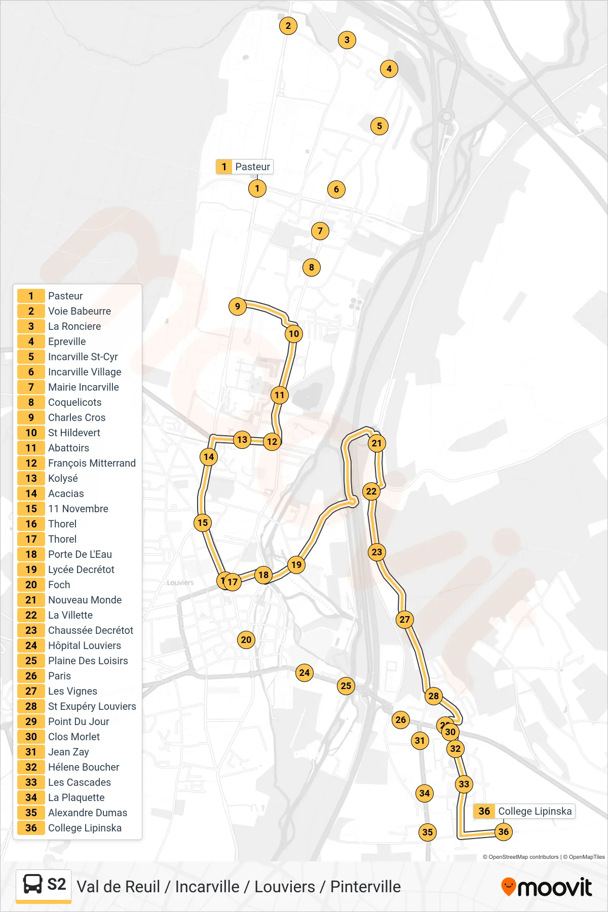 Tracé et arrêts de la ligne S2 de bus (College Suzanne Lipinska) sur une carte
