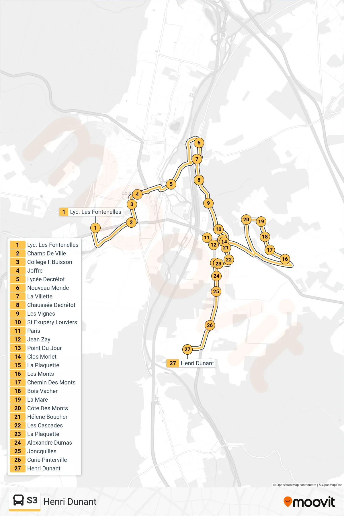 Tracé et arrêts de la ligne S3 de bus (Henri Dunant) sur une carte