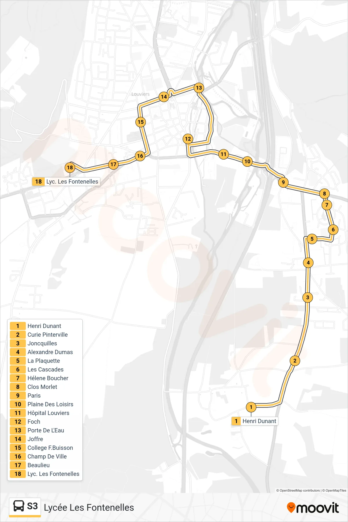 Tracé et arrêts de la ligne S3 de bus (Lycée Les Fontenelles) sur une carte