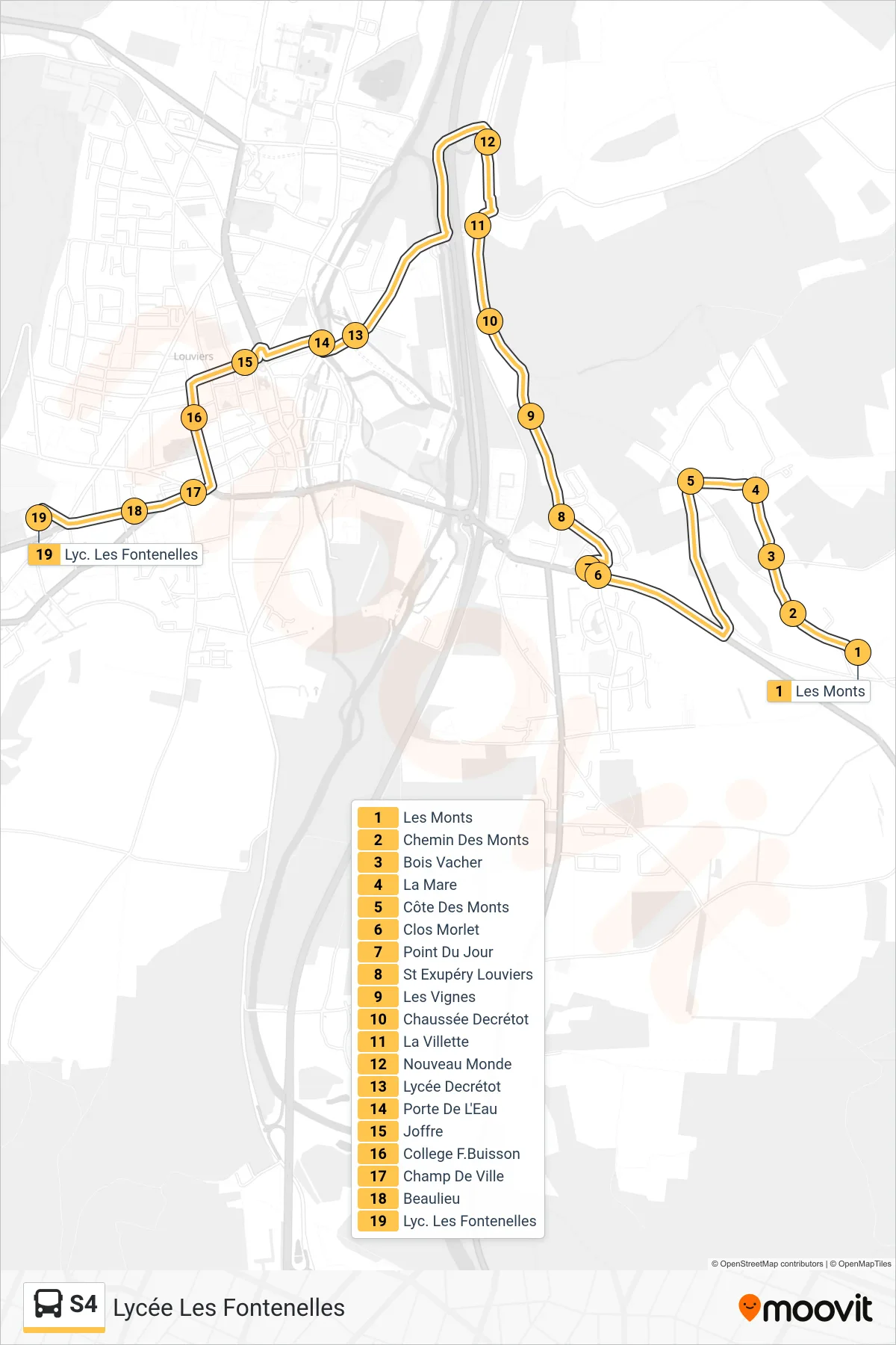 Tracé et arrêts de la ligne S4 de bus (Lycée Les Fontenelles) sur une carte