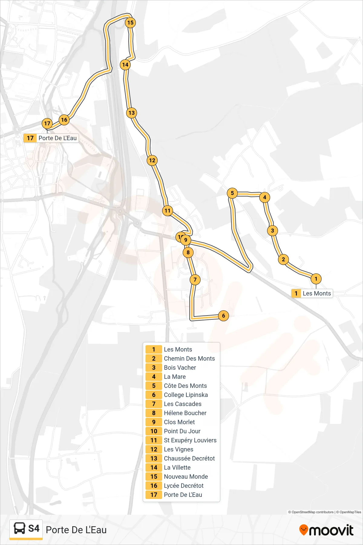 Tracé et arrêts de la ligne S4 de bus (Porte De L'Eau) sur une carte