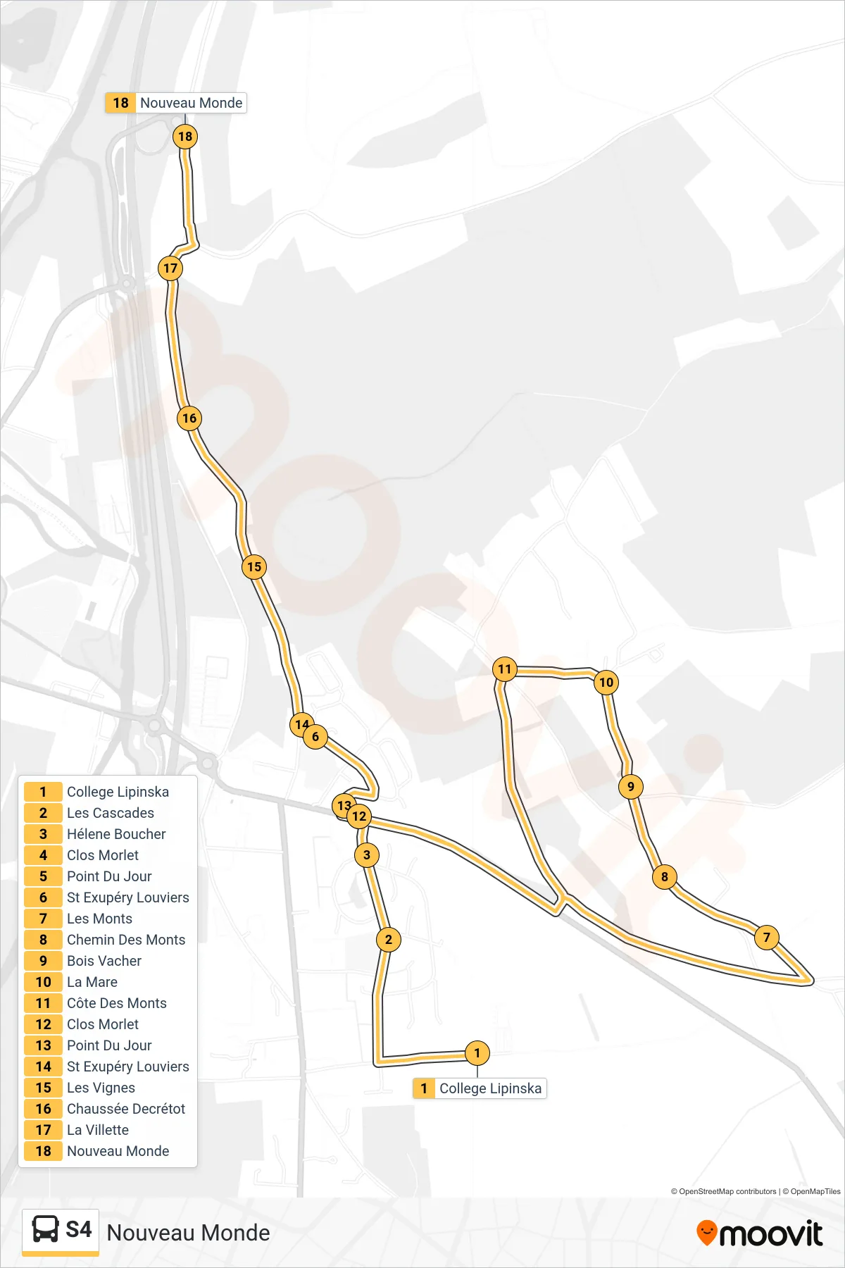 S4 bus Line (Nouveau Monde) route and stops on a map