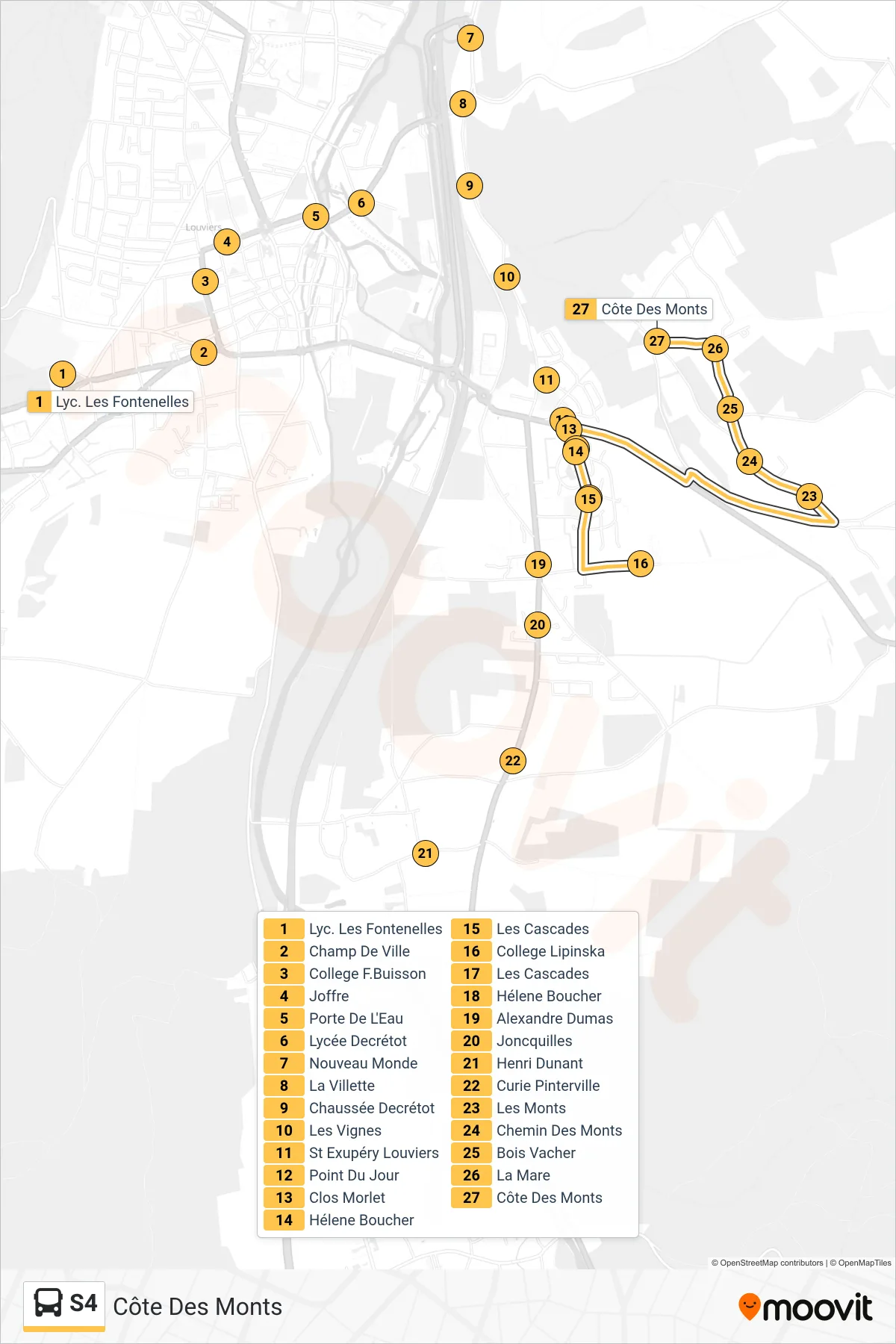 Tracé et arrêts de la ligne S4 de bus (Côte Des Monts) sur une carte