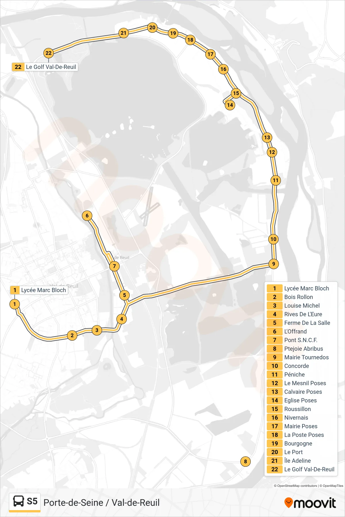 Tracé et arrêts de la ligne S5 de bus (Le Golf) sur une carte