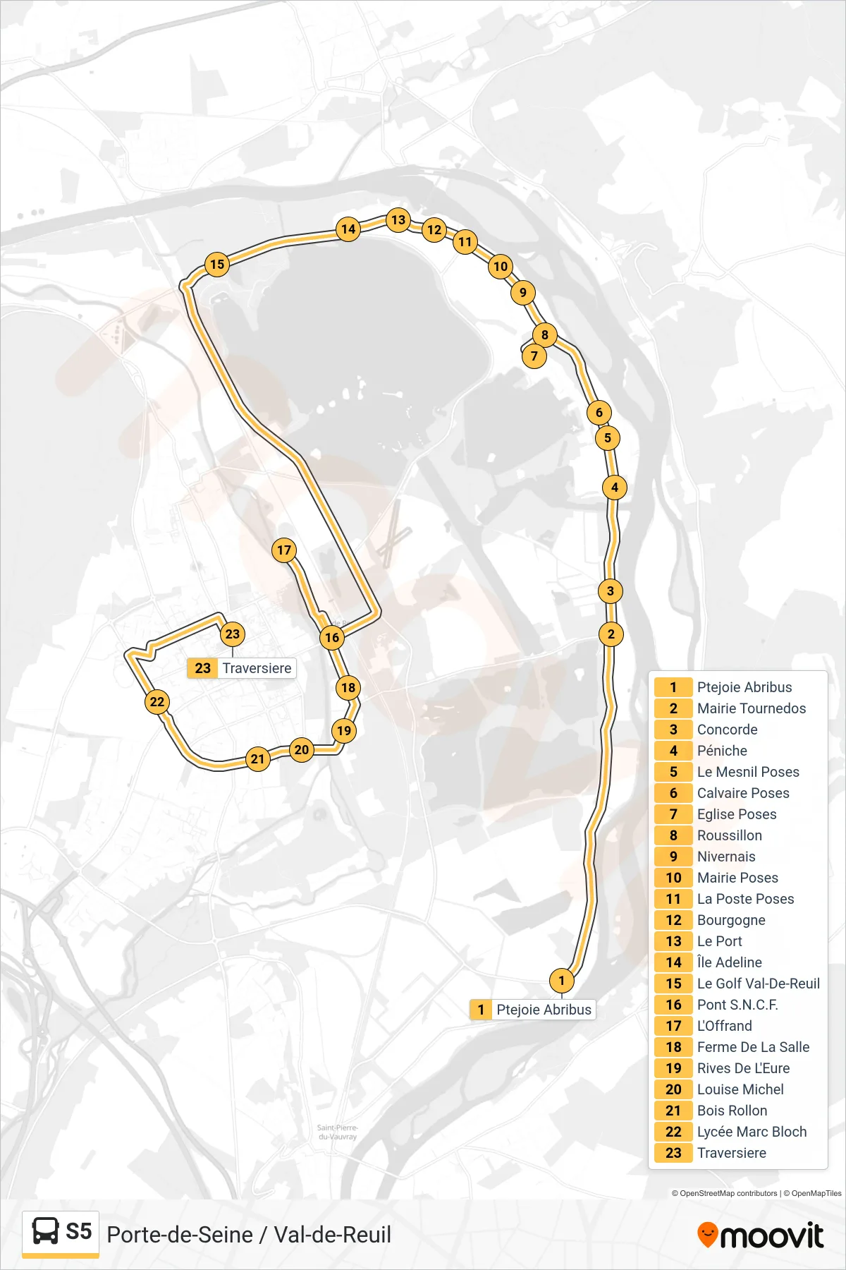 Tracé et arrêts de la ligne S5 de bus (Traversiere) sur une carte