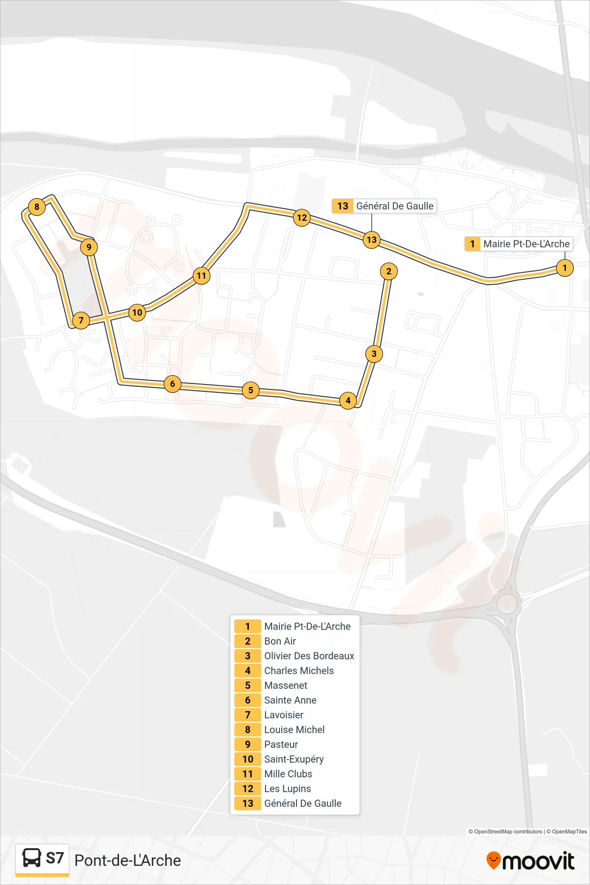 Tracé et arrêts de la ligne S7 de bus (Mairie Pont-De-L'Arche) sur une carte