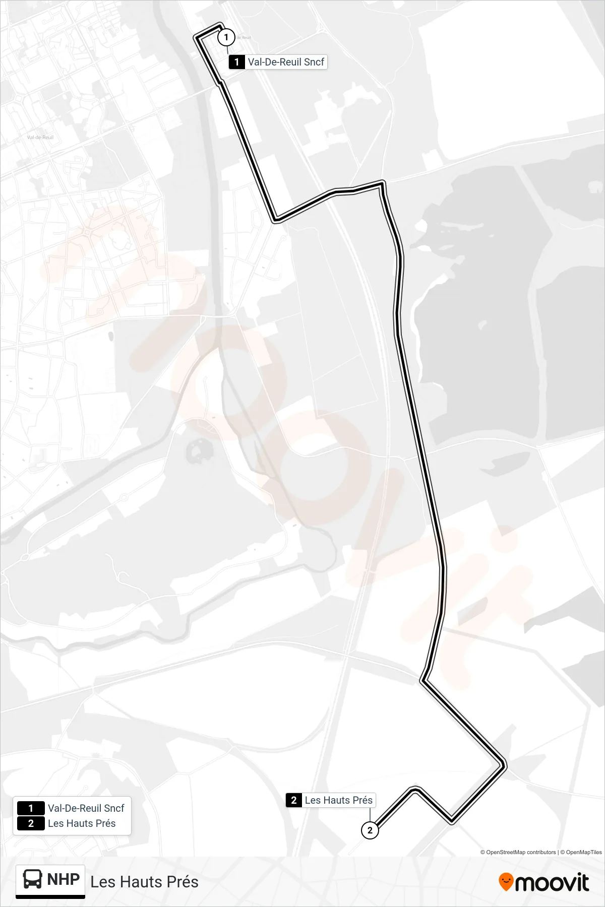 Tracé et arrêts de la ligne NHP de bus (Les Hauts Prés) sur une carte