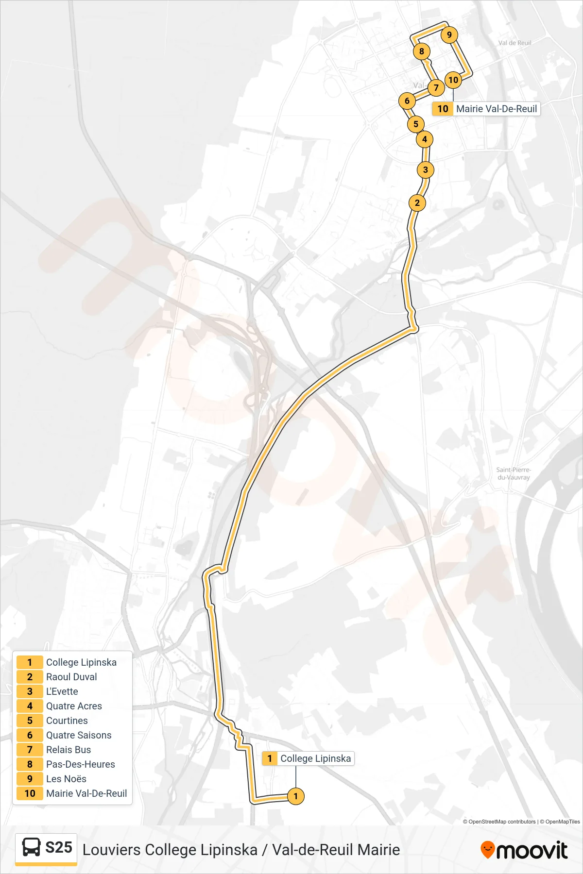 Tracé et arrêts de la ligne S25 de bus (Mairie Val-De-Reuil) sur une carte