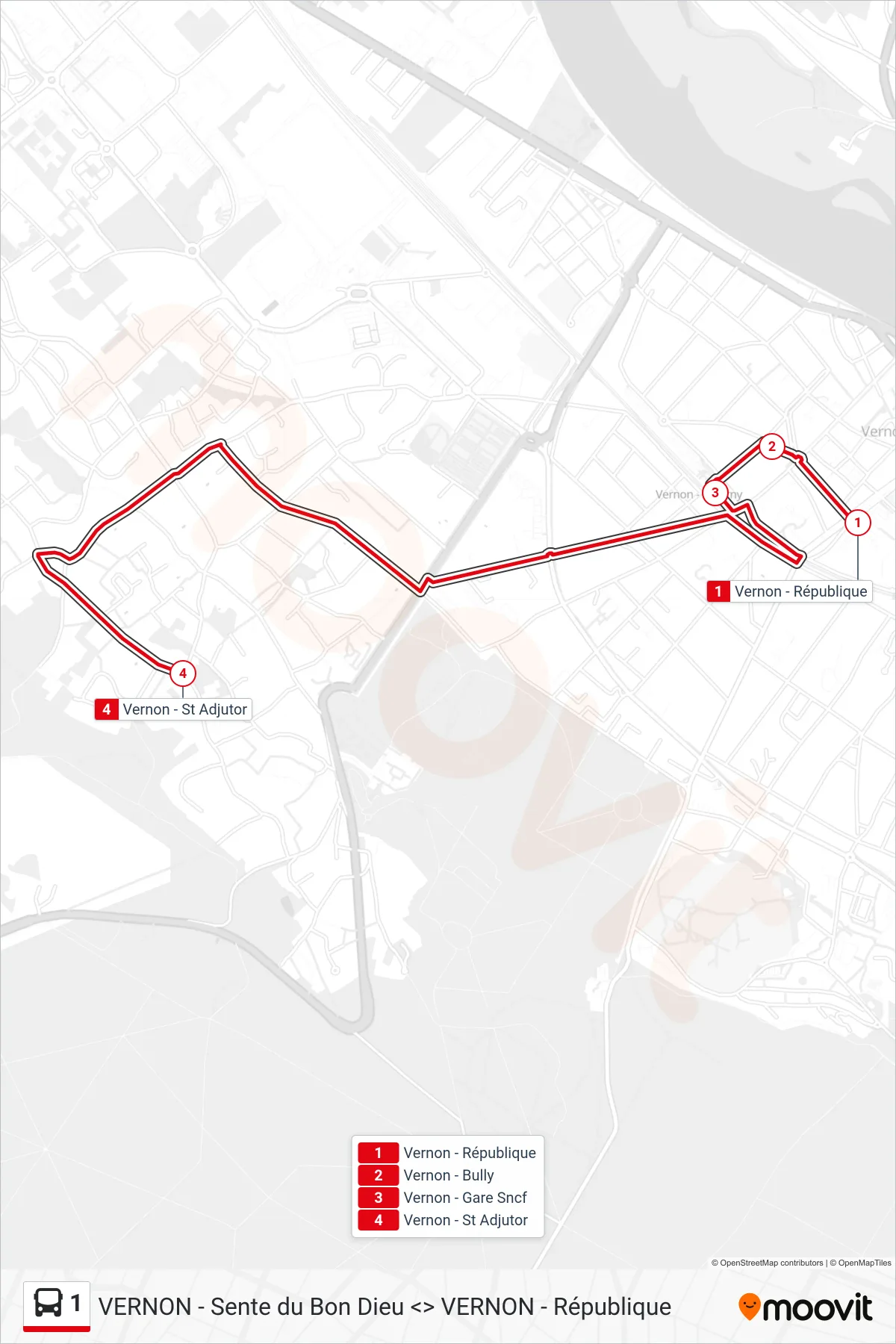 Tracé et arrêts de la ligne 1 de bus (Vernon - St Adjutor) sur une carte