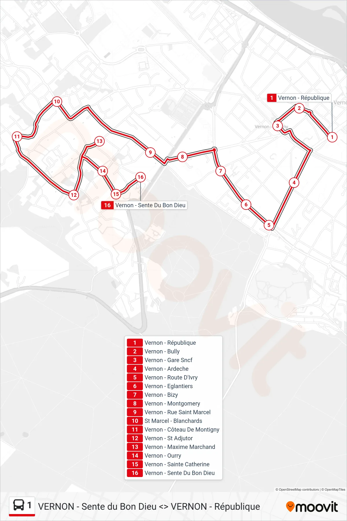 1 bus Line (Vernon - Sente Du Bon Dieu) route and stops on a map