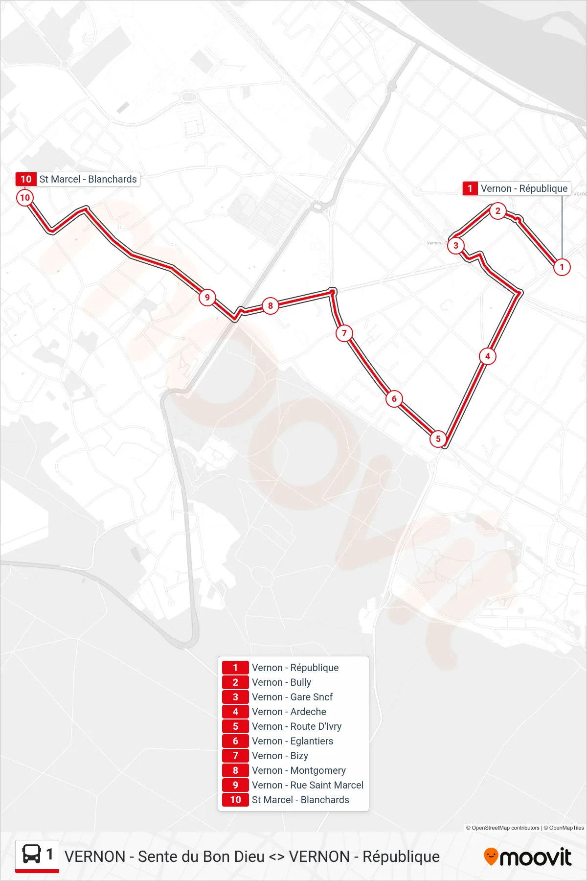 Tracé et arrêts de la ligne 1 de bus (St Marcel - Blanchards) sur une carte