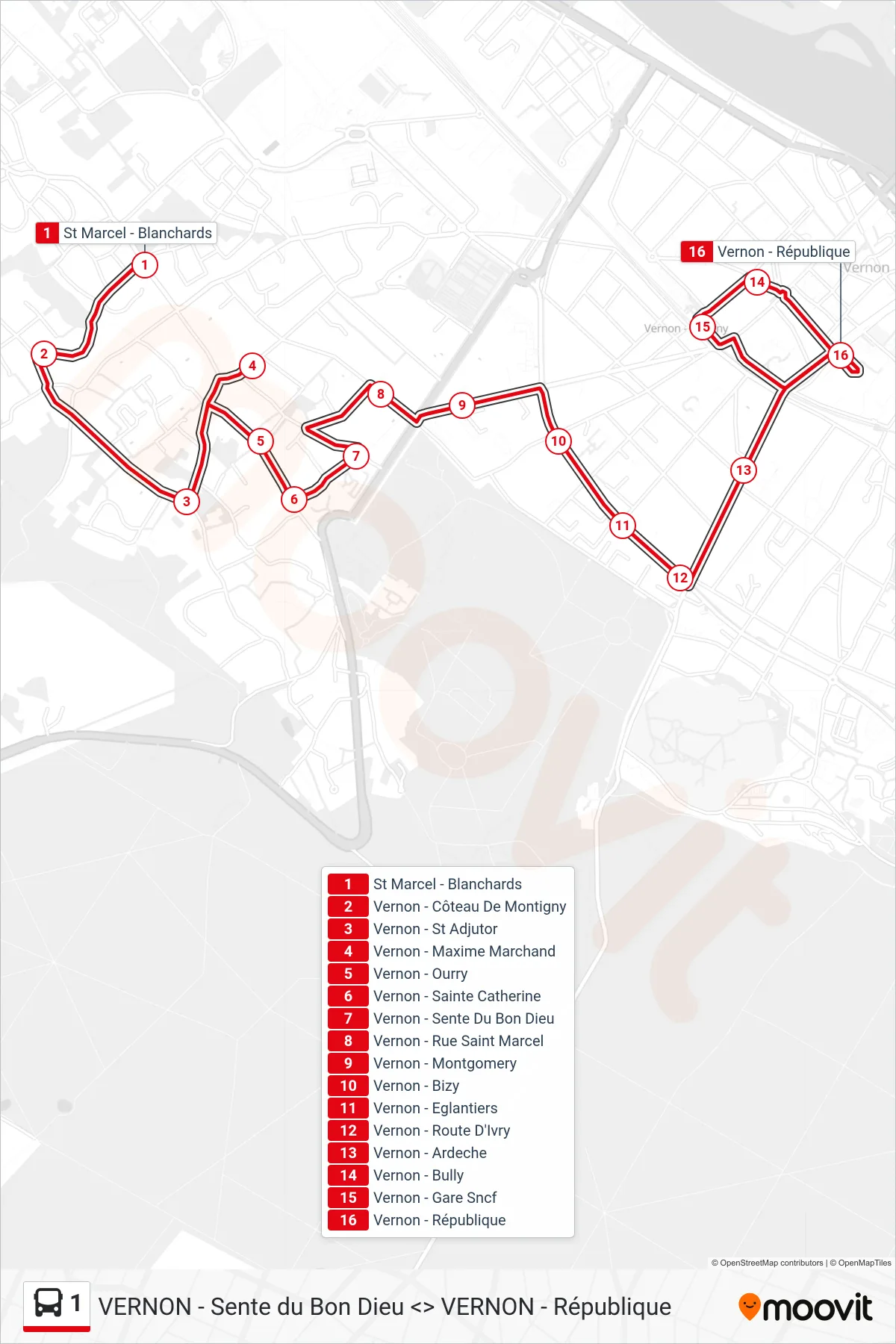 Tracé et arrêts de la ligne 1 de bus (Vernon - République) sur une carte