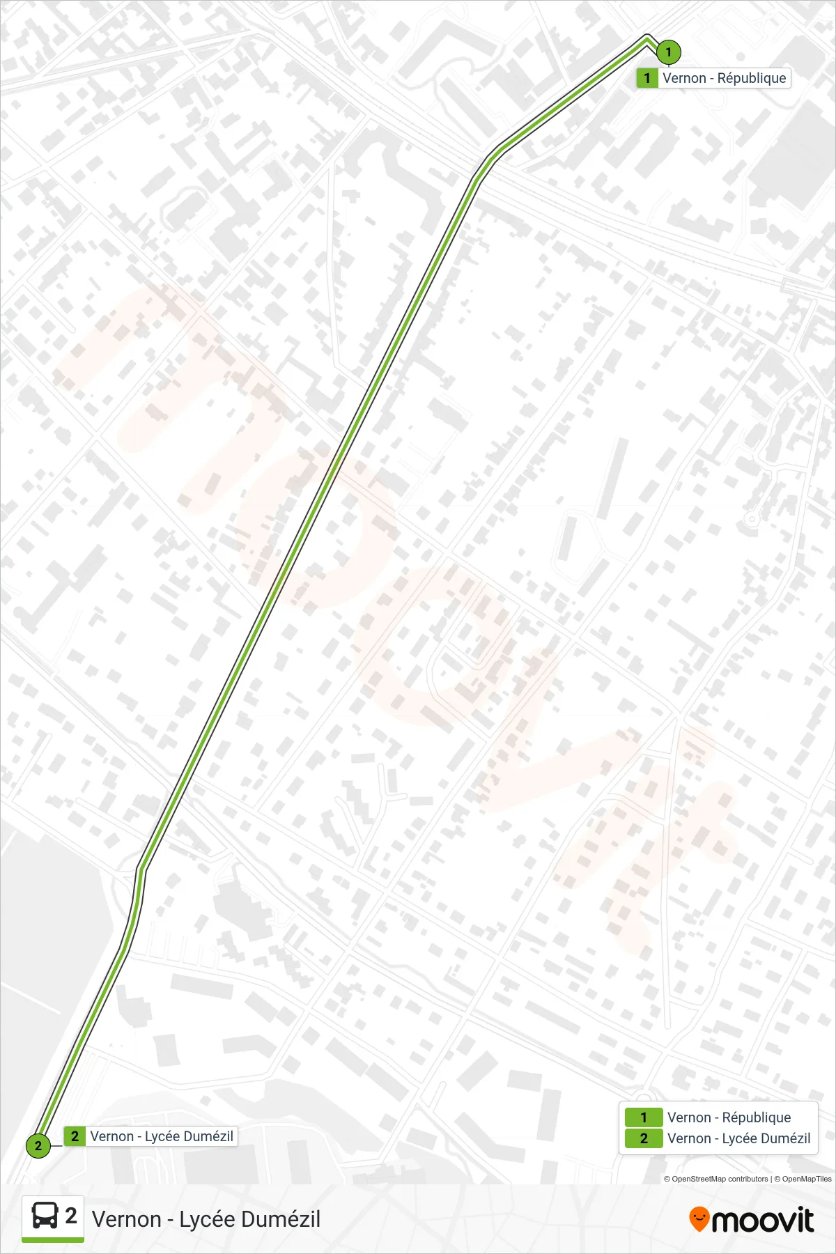 Recorrido y paradas de la línea 2 de autobús (Vernon - Lycée Dumézil) en el mapa