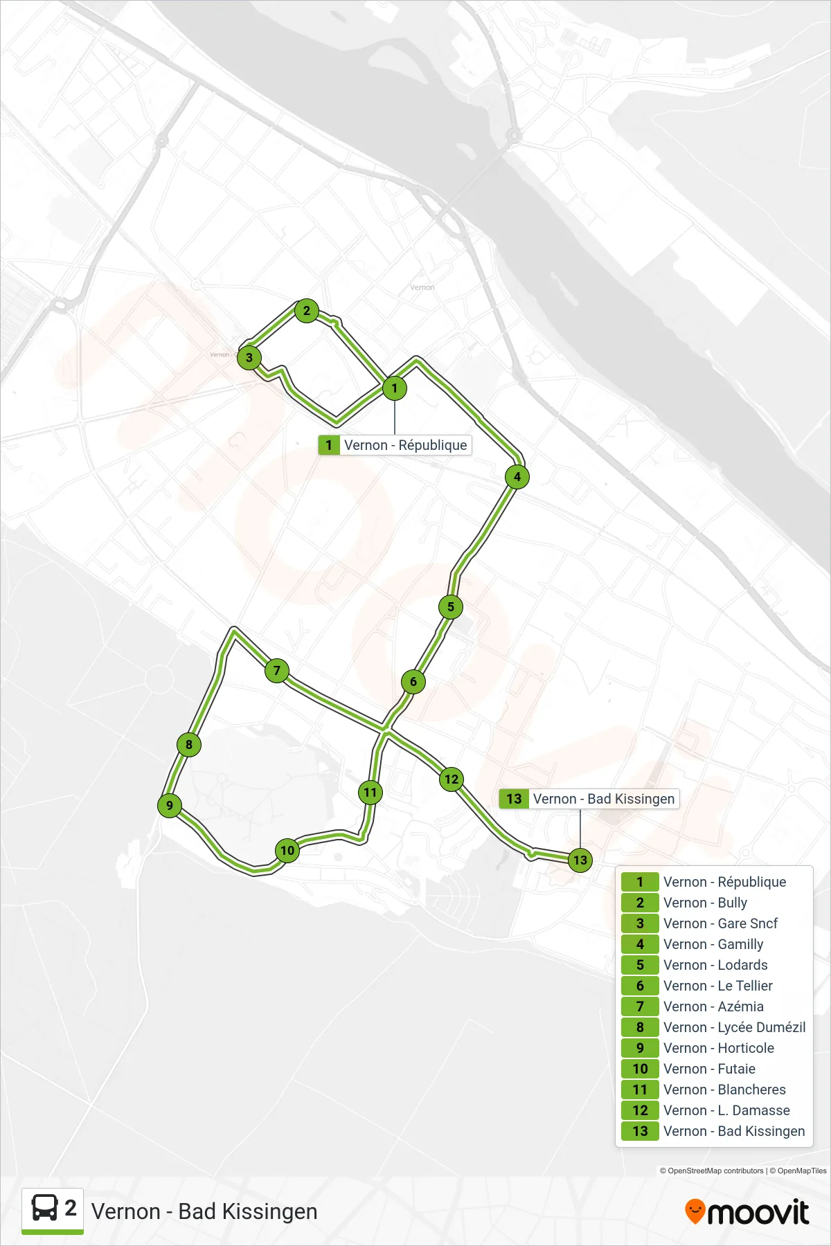 Tracé et arrêts de la ligne 2 de bus (Vernon - Bad Kissingen) sur une carte