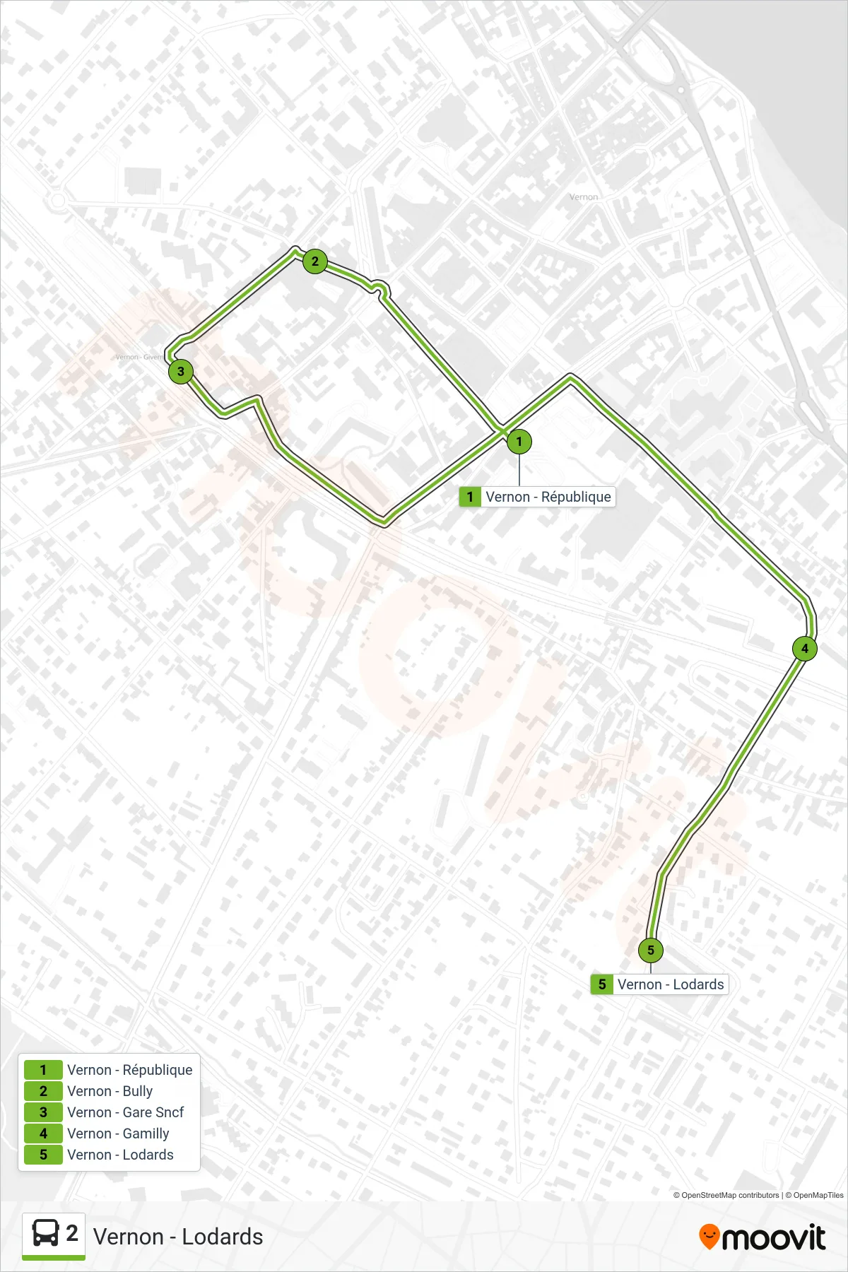 Tracé et arrêts de la ligne 2 de bus (Vernon - Lodards) sur une carte