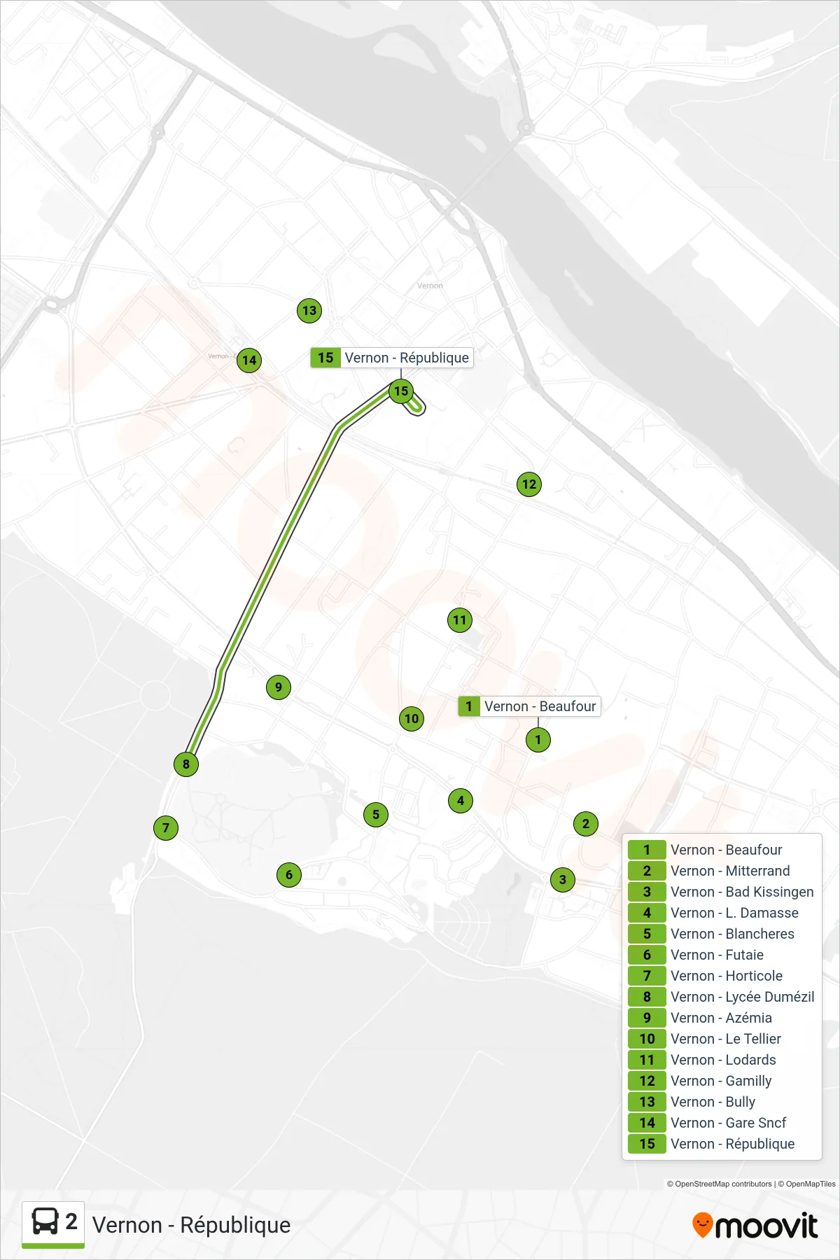 Recorrido y paradas de la línea 2 de autobús (Vernon - République) en el mapa