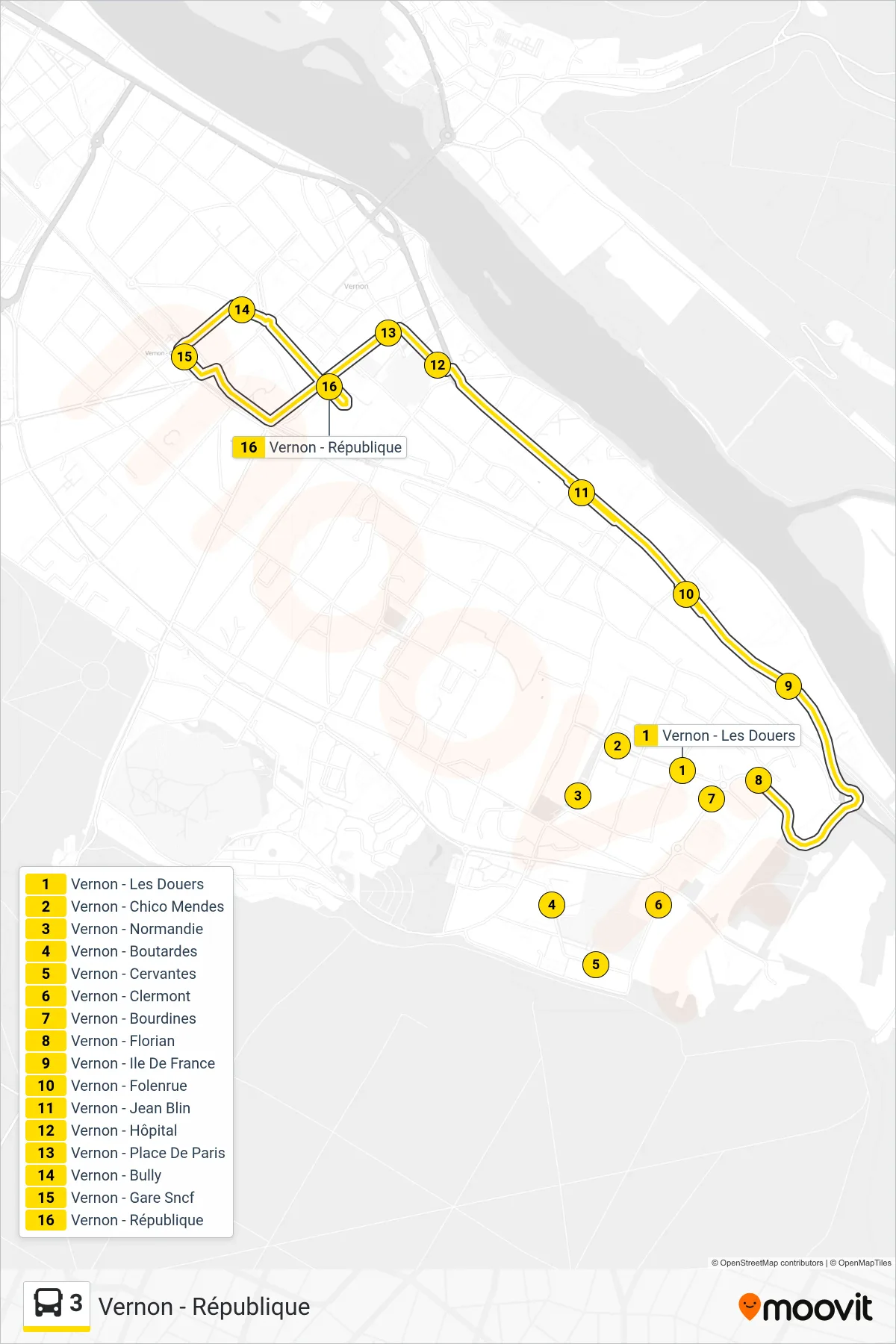 3 bus Line (Vernon - République) route and stops on a map