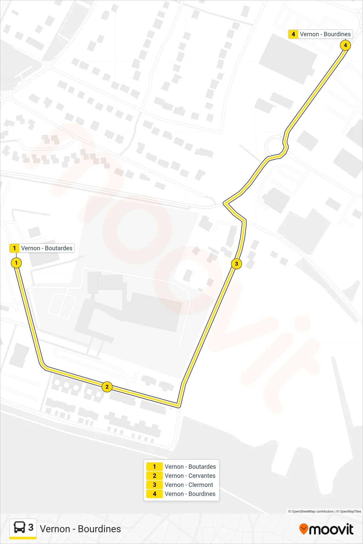 Tracé et arrêts de la ligne 3 de bus (Vernon - Bourdines) sur une carte