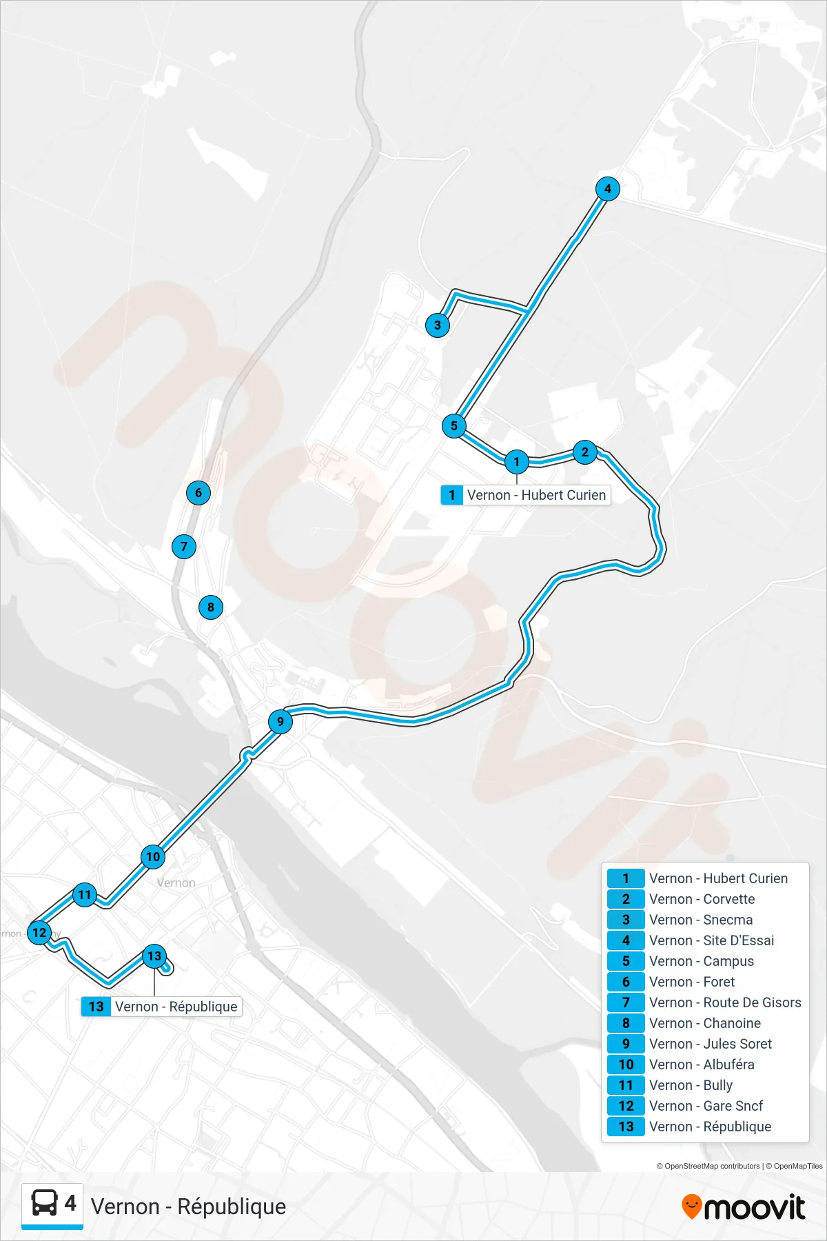 Recorrido y paradas de la línea 4 de autobús (Vernon - République) en el mapa
