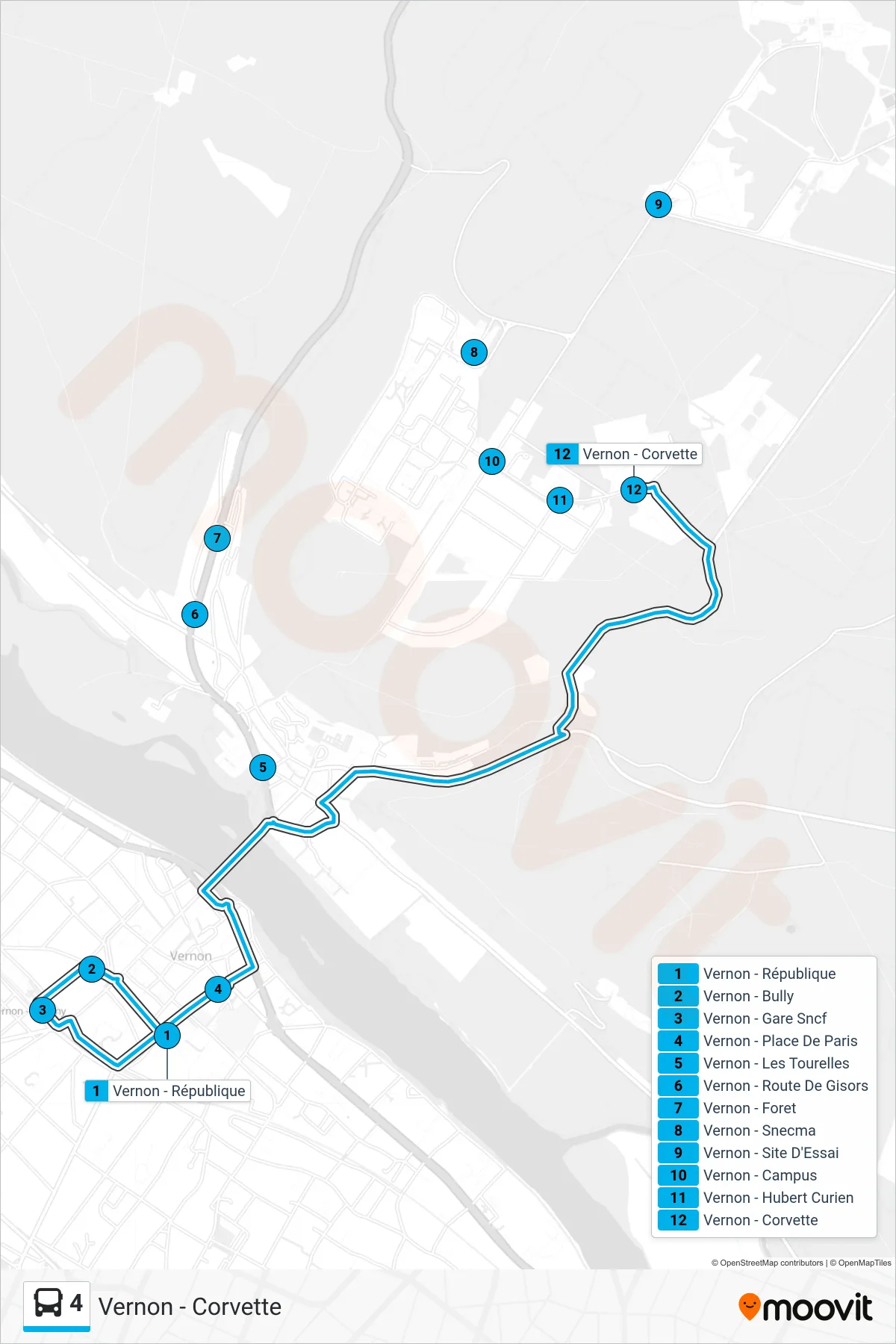 Tracé et arrêts de la ligne 4 de bus (Vernon - Corvette) sur une carte