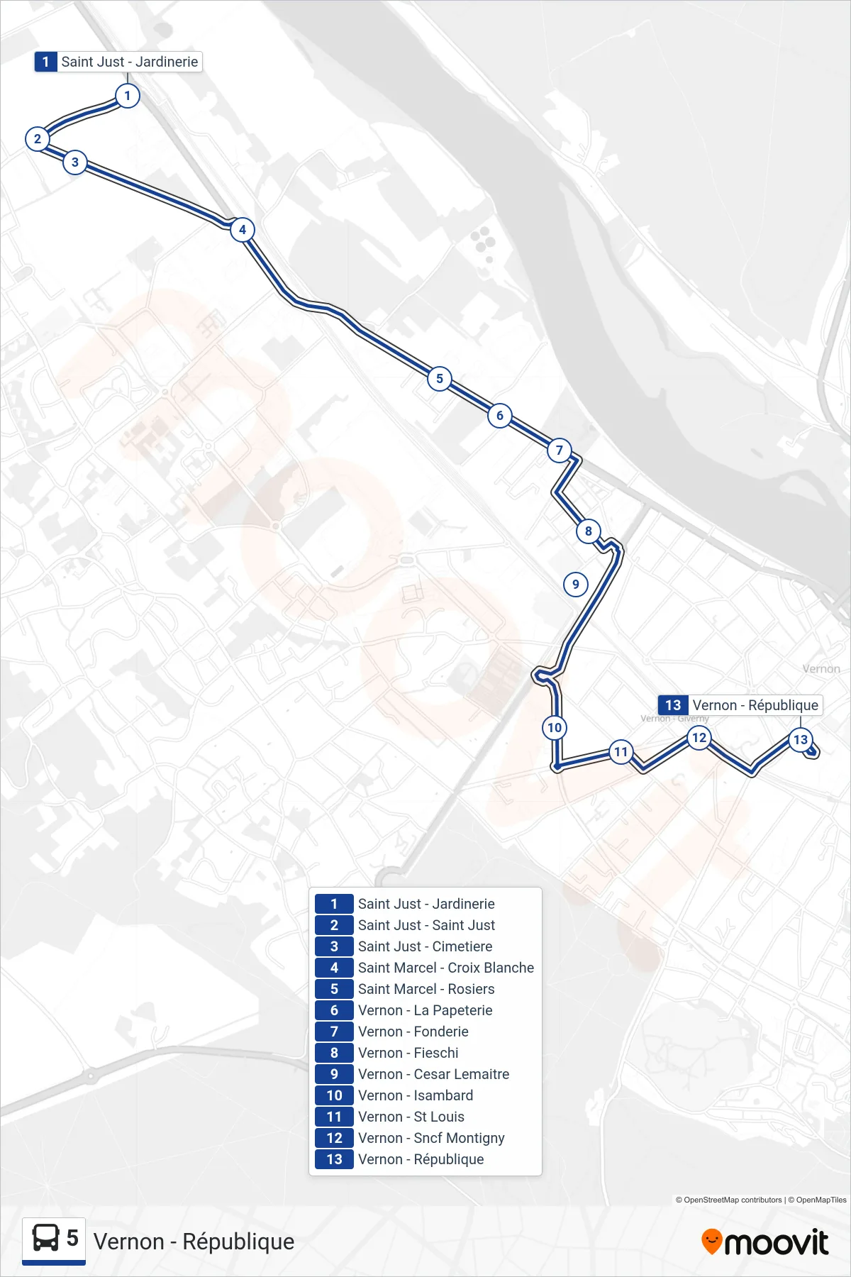 Tracé et arrêts de la ligne 5 de bus (Vernon - République) sur une carte