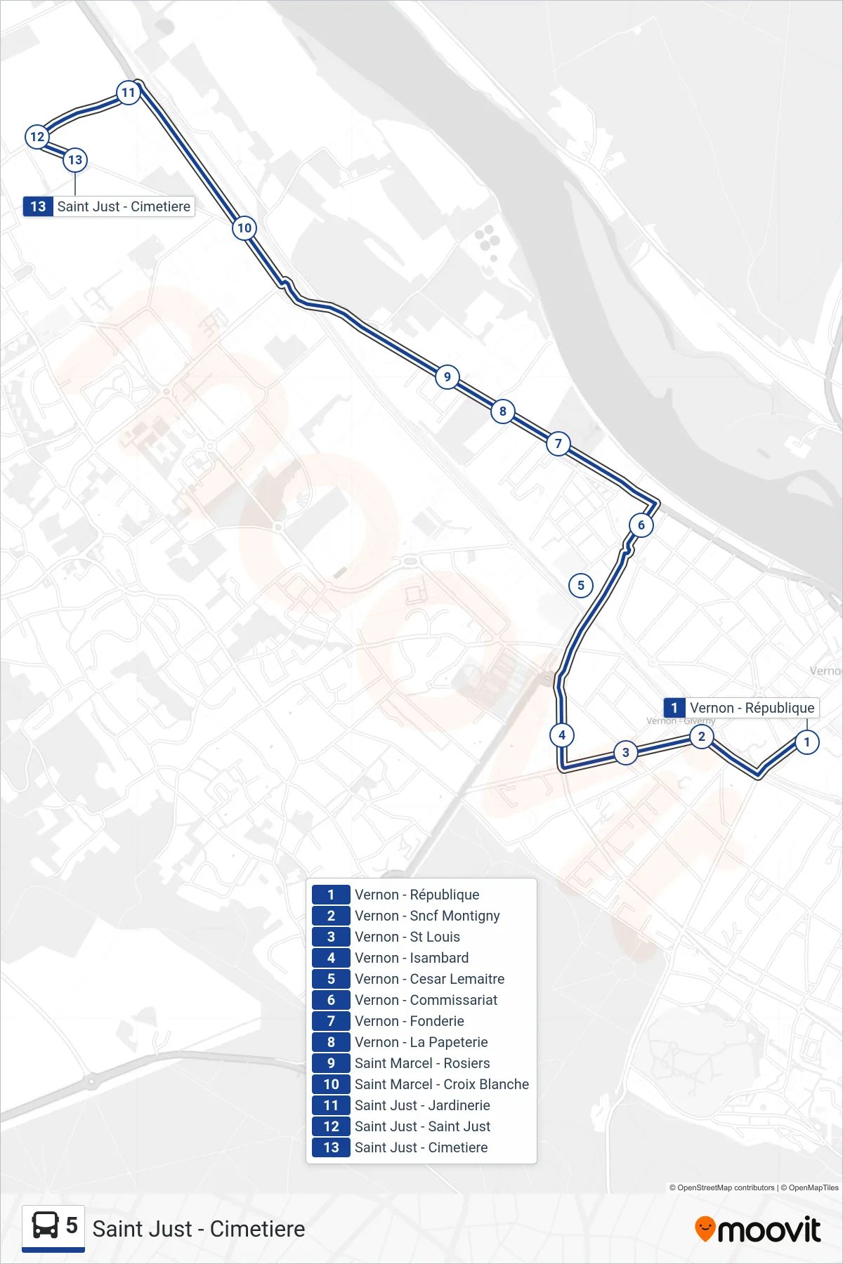 Tracé et arrêts de la ligne 5 de bus (Saint Just - Cimetiere) sur une carte