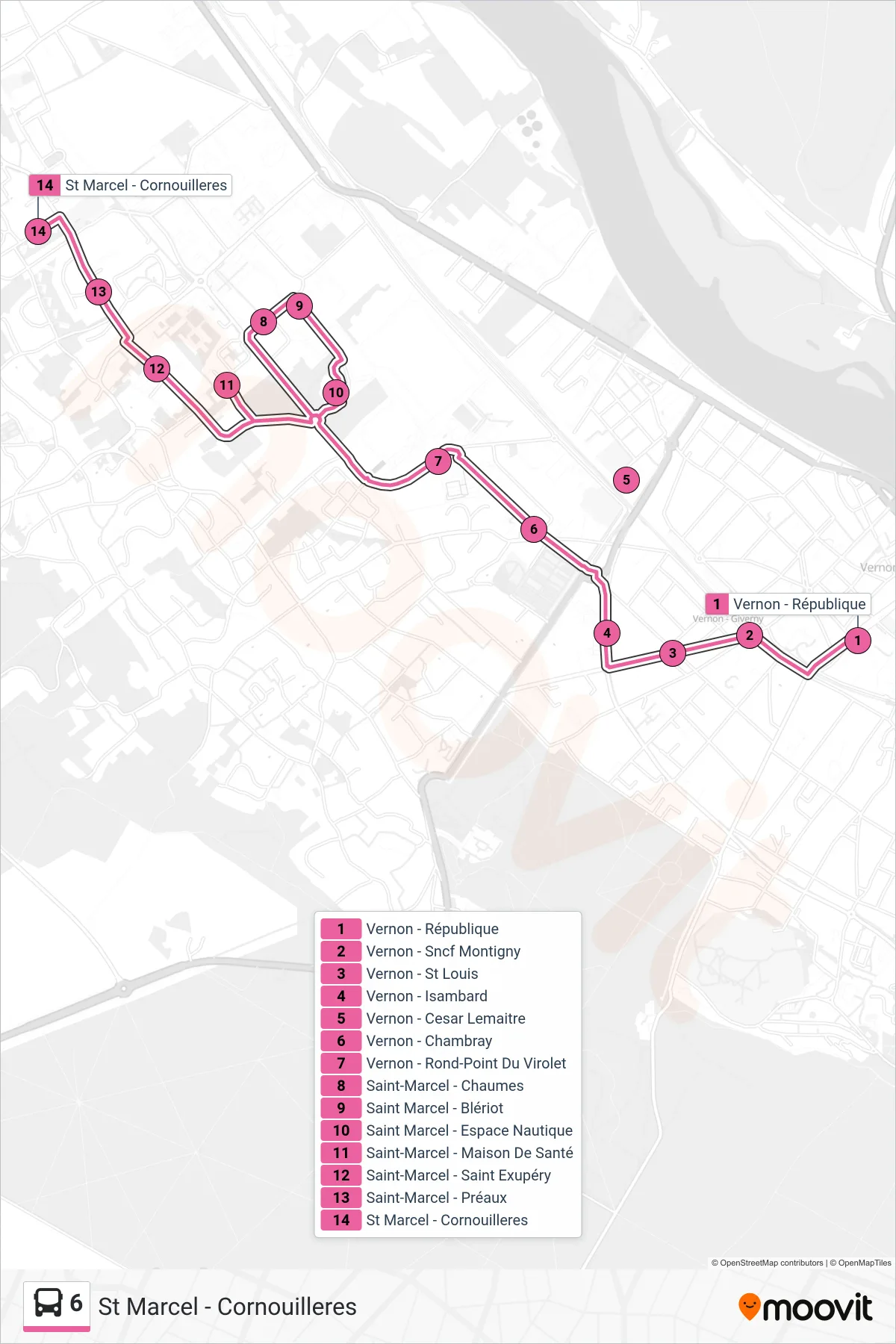 Tracé et arrêts de la ligne 6 de bus (St Marcel - Cornouilleres) sur une carte