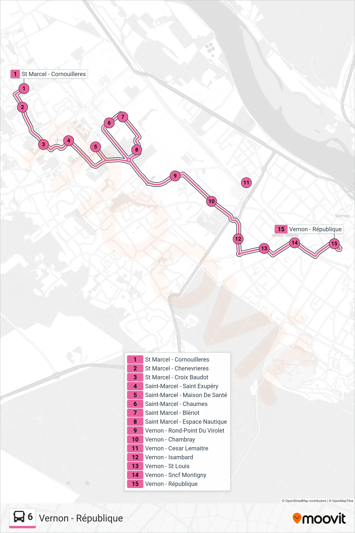 Tracé et arrêts de la ligne 6 de bus (Vernon - République) sur une carte