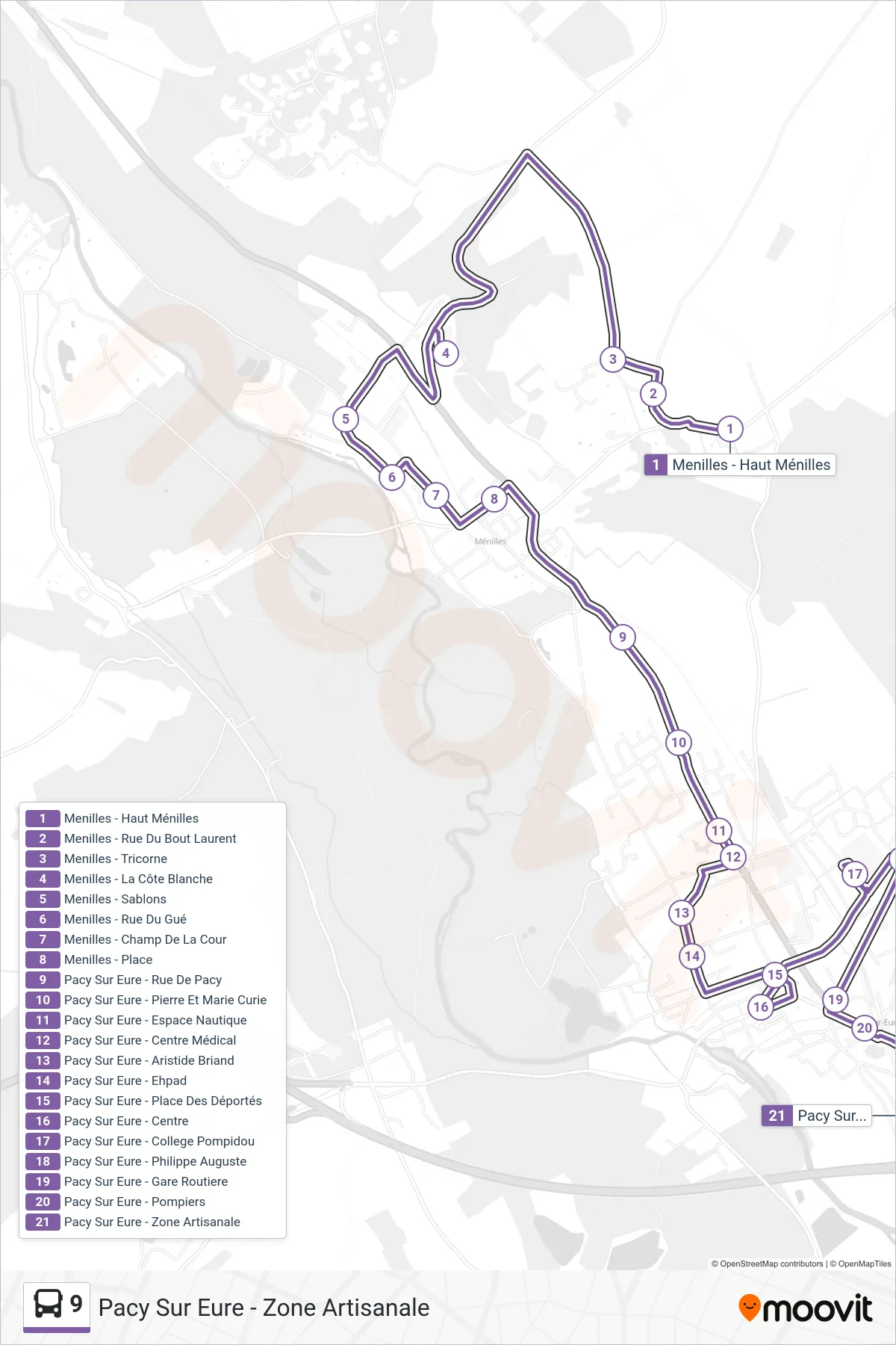 Tracé et arrêts de la ligne 9 de bus (Pacy Sur Eure - Zone Artisanale) sur une carte