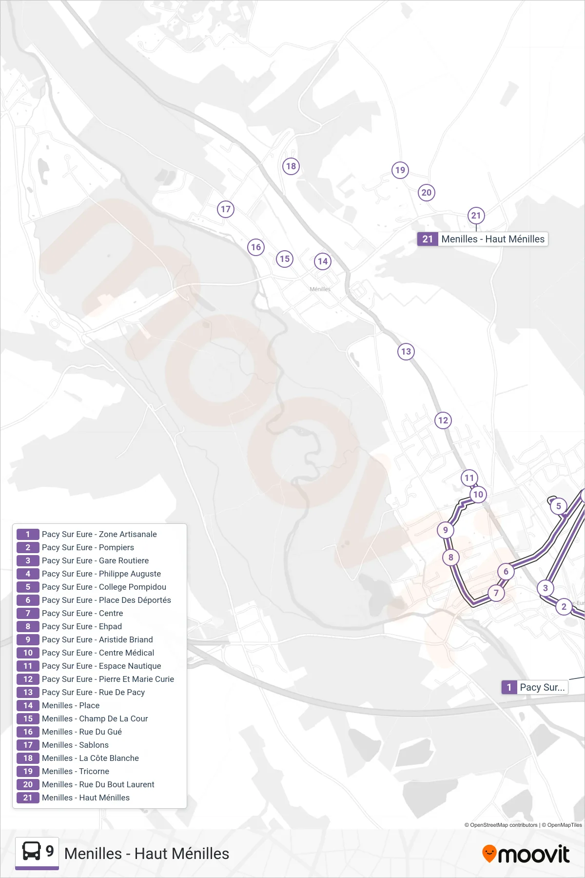 Tracé et arrêts de la ligne 9 de bus (Menilles - Haut Ménilles) sur une carte
