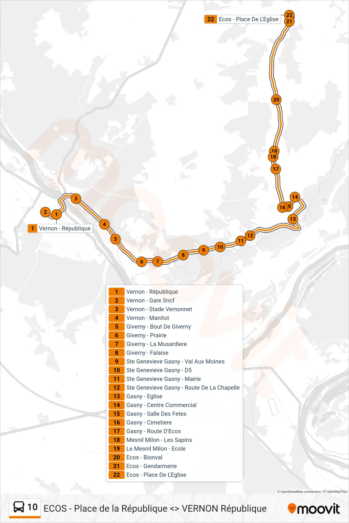 Recorrido y paradas de la línea 10 de autobús (Ecos - Place De L'Eglise) en el mapa