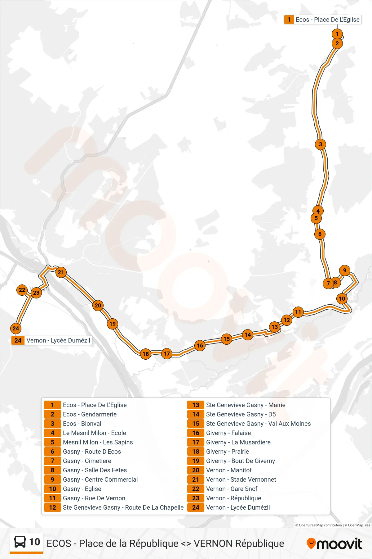 Tracé et arrêts de la ligne 10 de bus (Vernon - Lycée Dumézil) sur une carte
