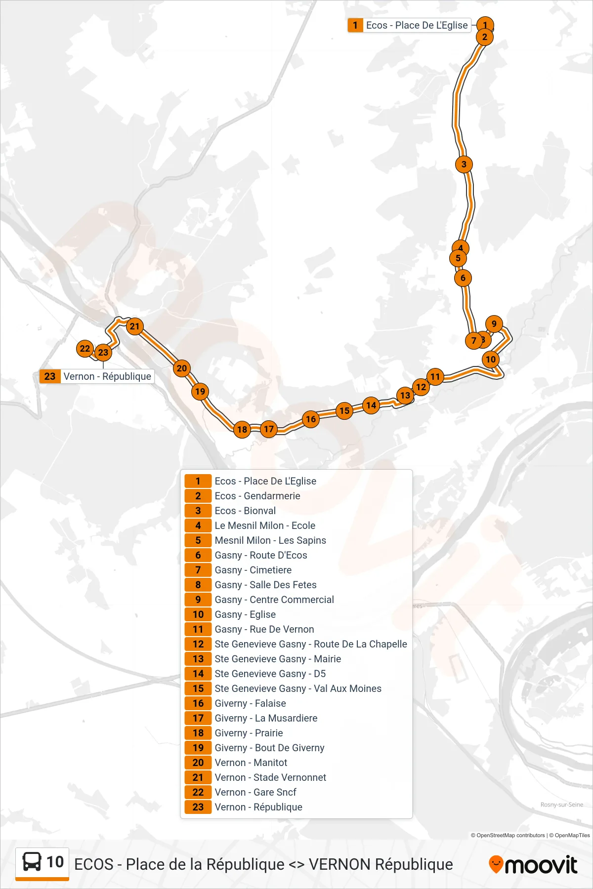 Tracé et arrêts de la ligne 10 de bus (Vernon - République) sur une carte