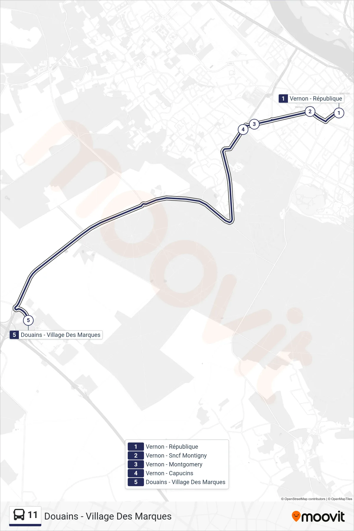 Tracé et arrêts de la ligne 11 de bus (Douains - Village Des Marques) sur une carte