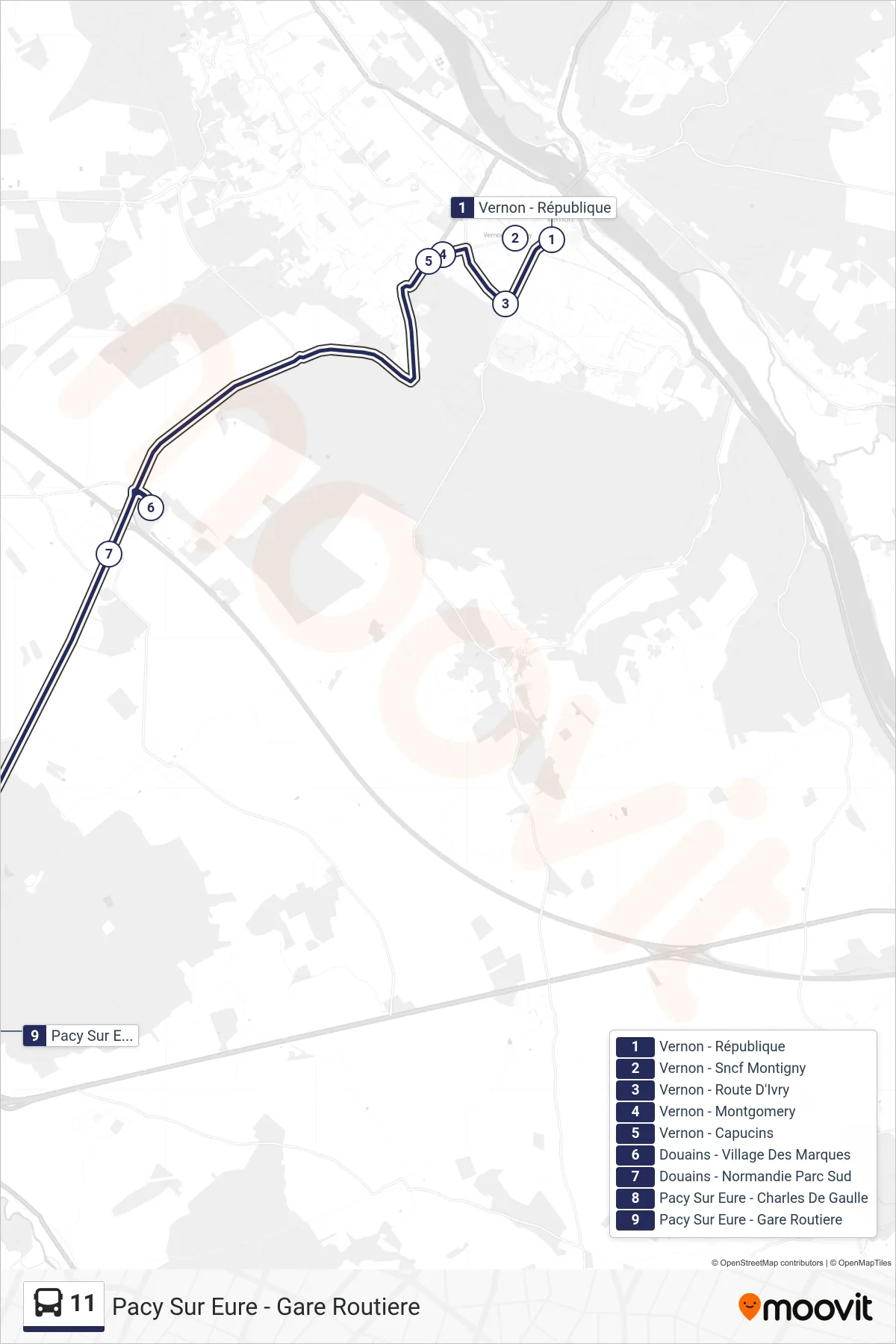 Recorrido y paradas de la línea 11 de autobús (Pacy Sur Eure - Gare Routiere) en el mapa