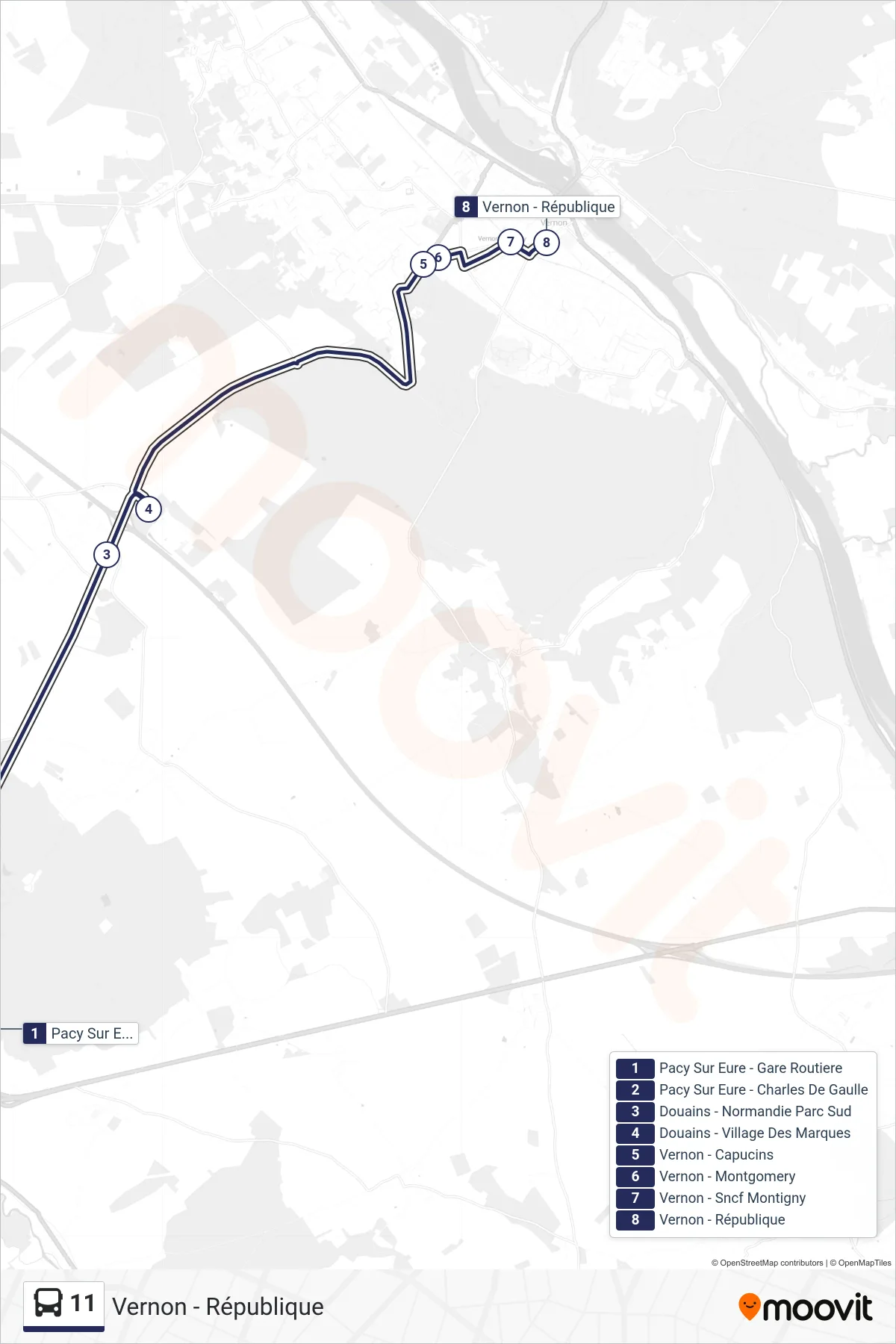 11 bus Line (Vernon - République) route and stops on a map