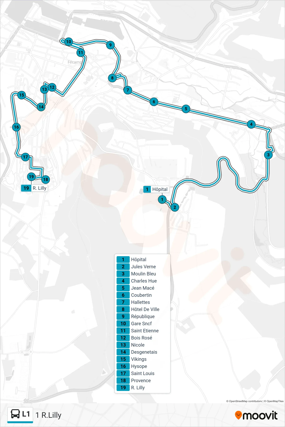 Tracé et arrêts de la ligne L1 de bus (1 R.Lilly) sur une carte