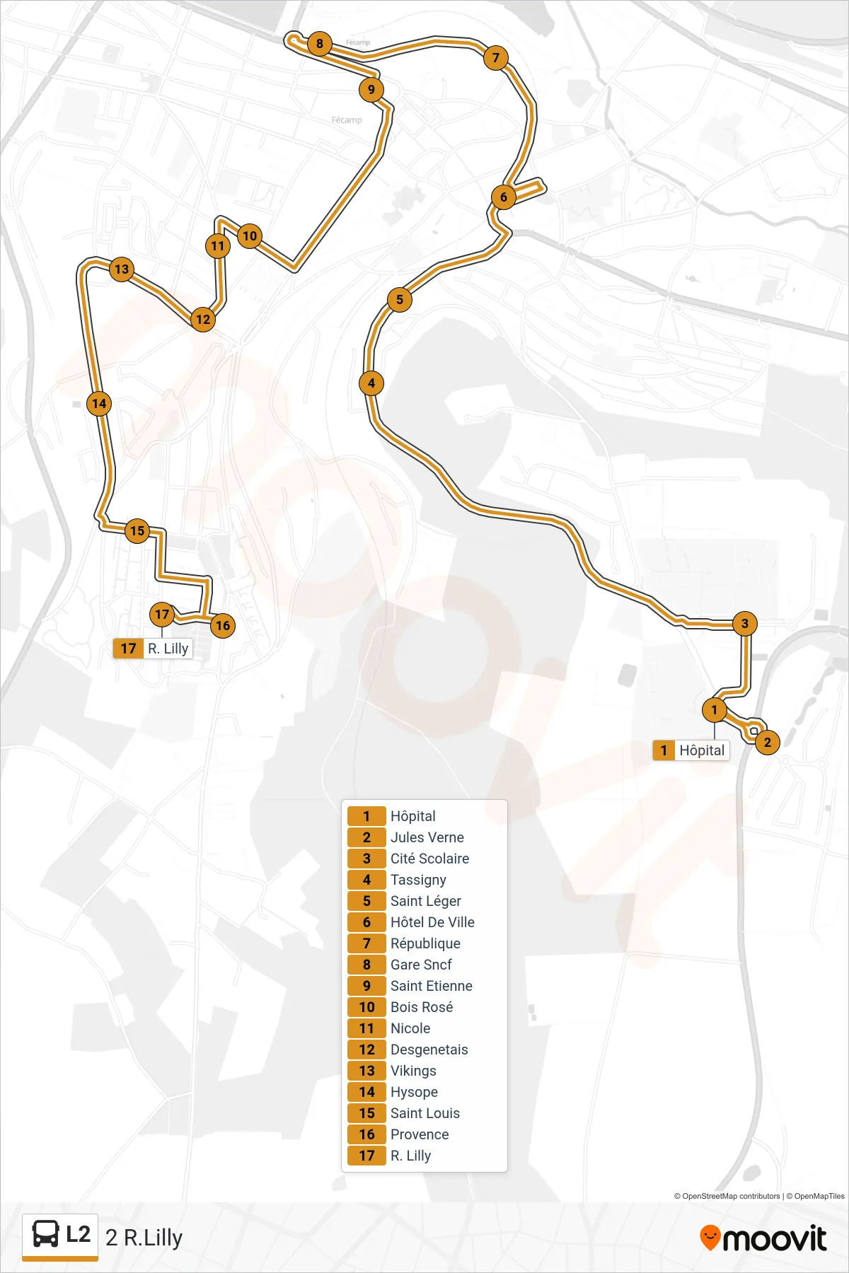 Tracé et arrêts de la ligne L2 de bus (2 R.Lilly) sur une carte