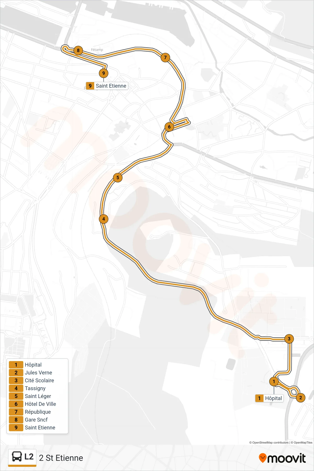 L2 bus Line (2 St Etienne) route and stops on a map