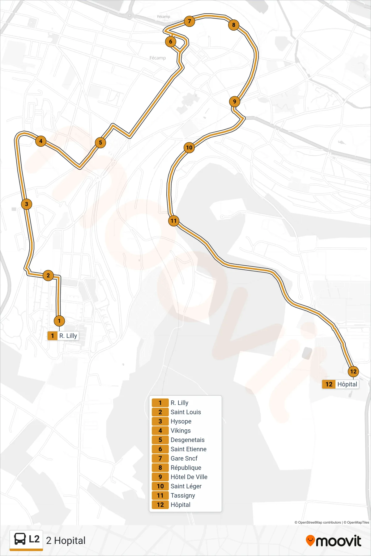 Tracé et arrêts de la ligne L2 de bus (2 Hopital) sur une carte