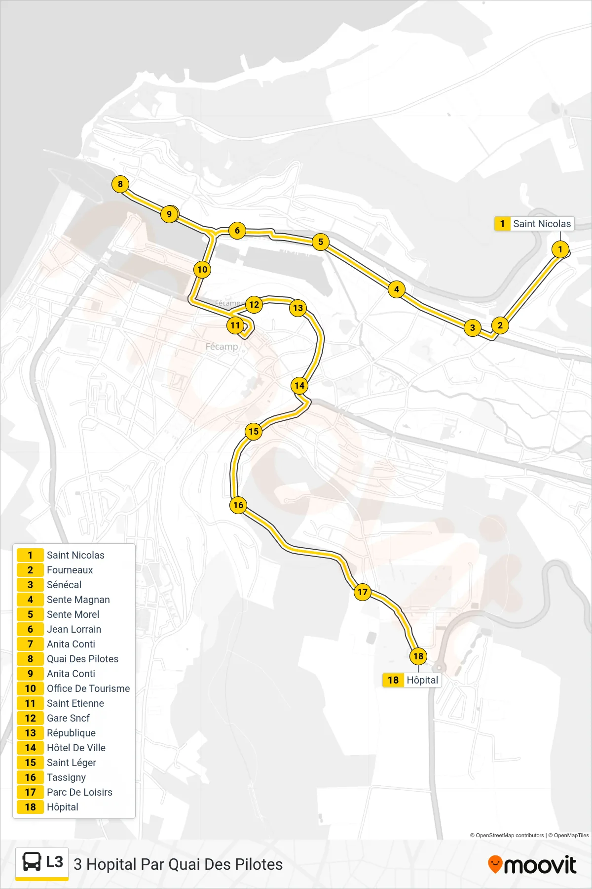 Tracé et arrêts de la ligne L3 de bus (3 Hopital Par Quai Des Pilotes) sur une carte