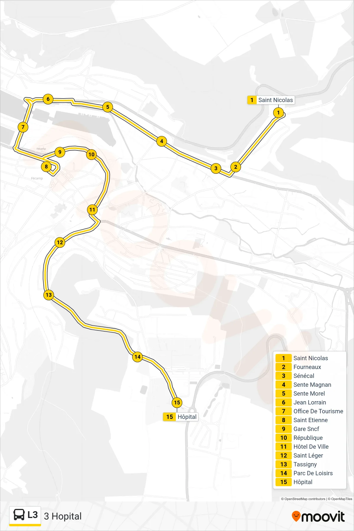 Tracé et arrêts de la ligne L3 de bus (3 Hopital) sur une carte