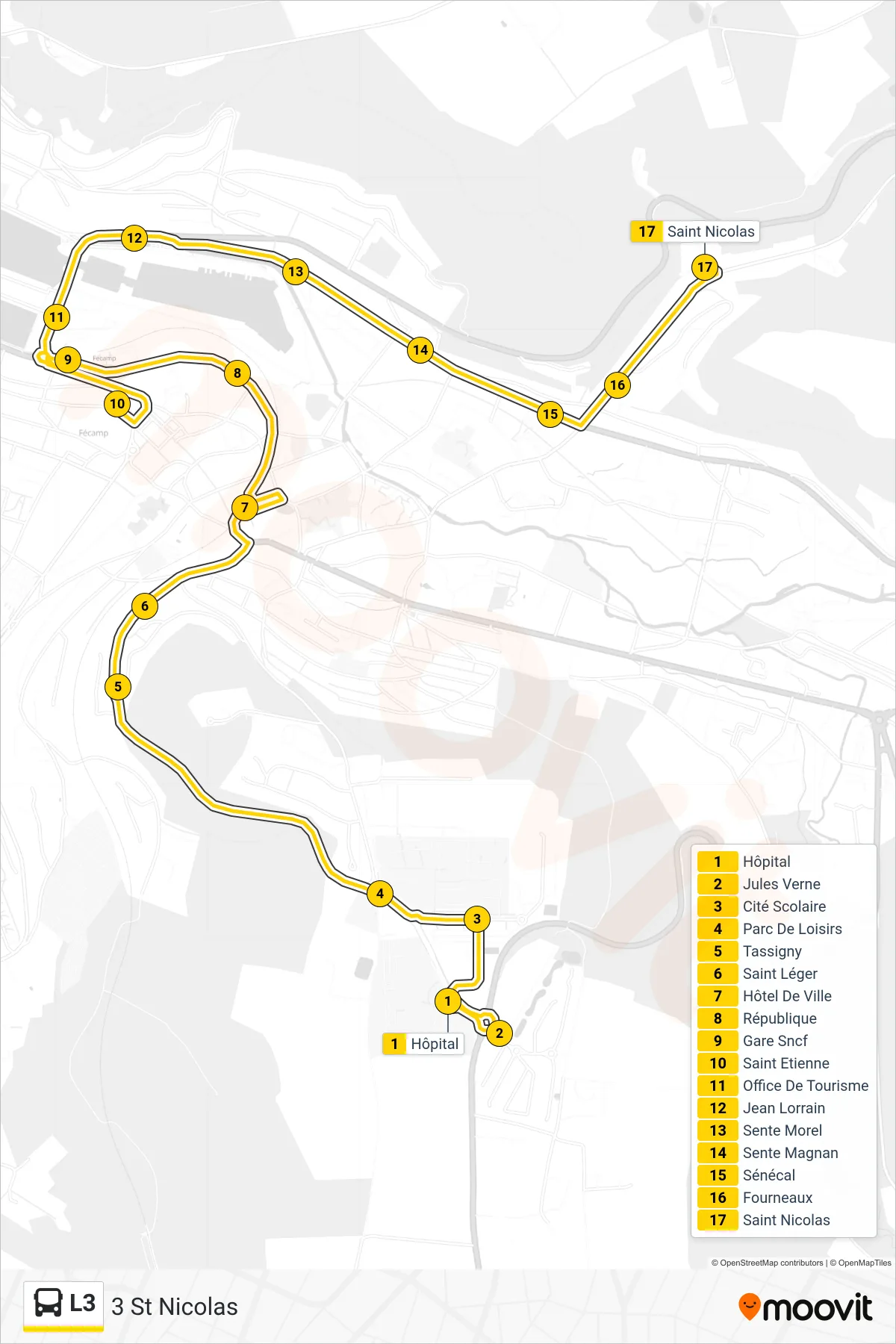 Tracé et arrêts de la ligne L3 de bus (3 St Nicolas) sur une carte