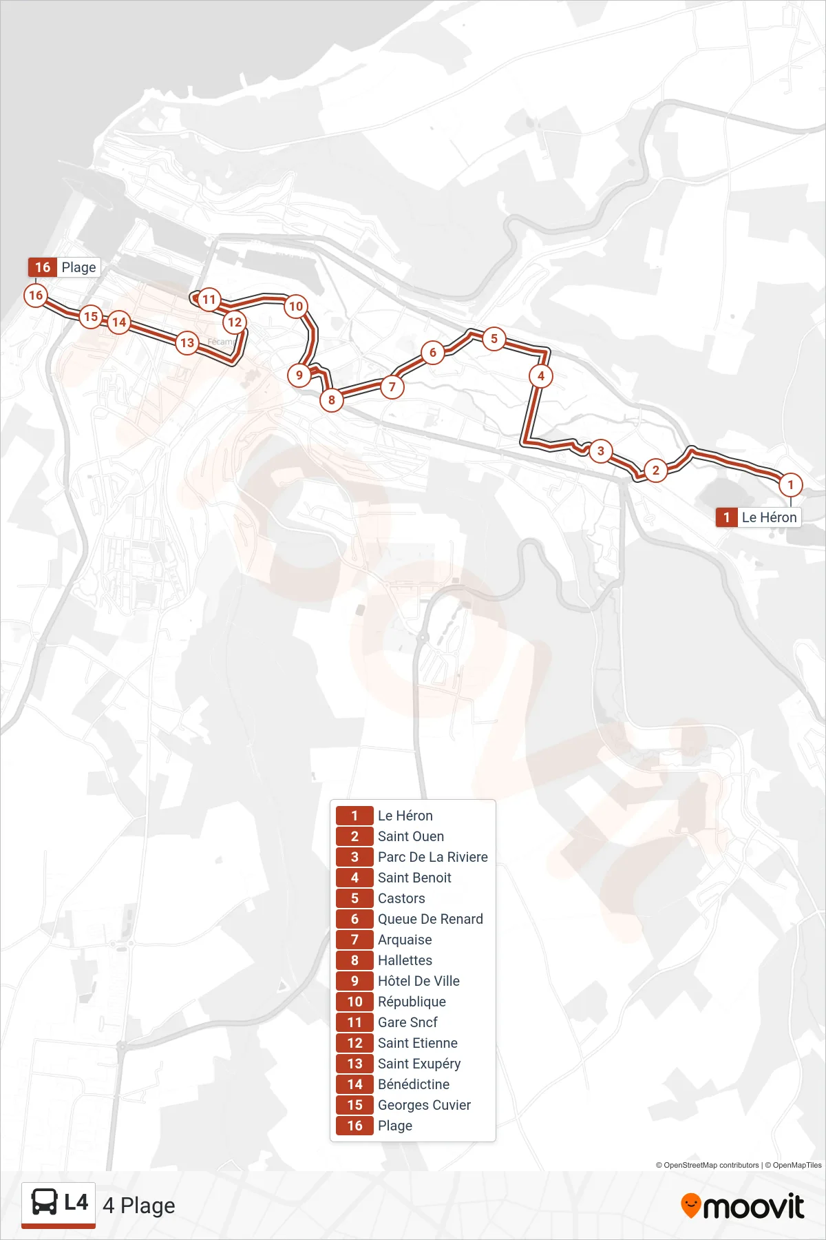 Tracé et arrêts de la ligne L4 de bus (4 Plage) sur une carte