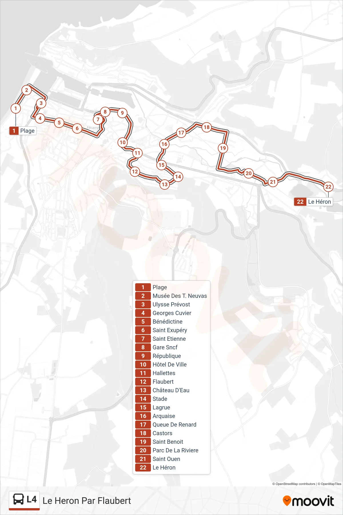 L4 bus Line (Le Heron Par Flaubert) route and stops on a map