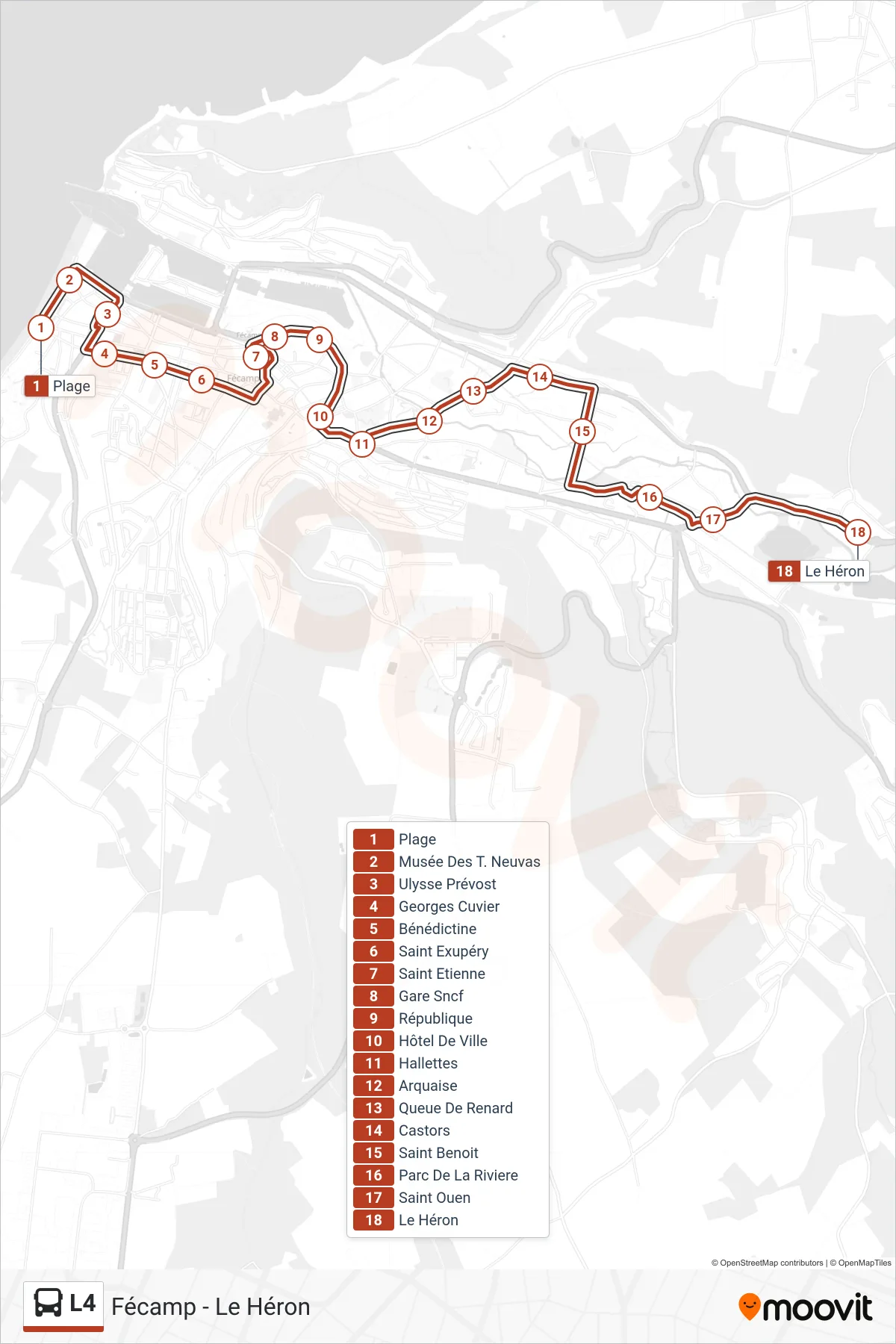 Tracé et arrêts de la ligne L4 de bus (Fécamp - Le Héron) sur une carte