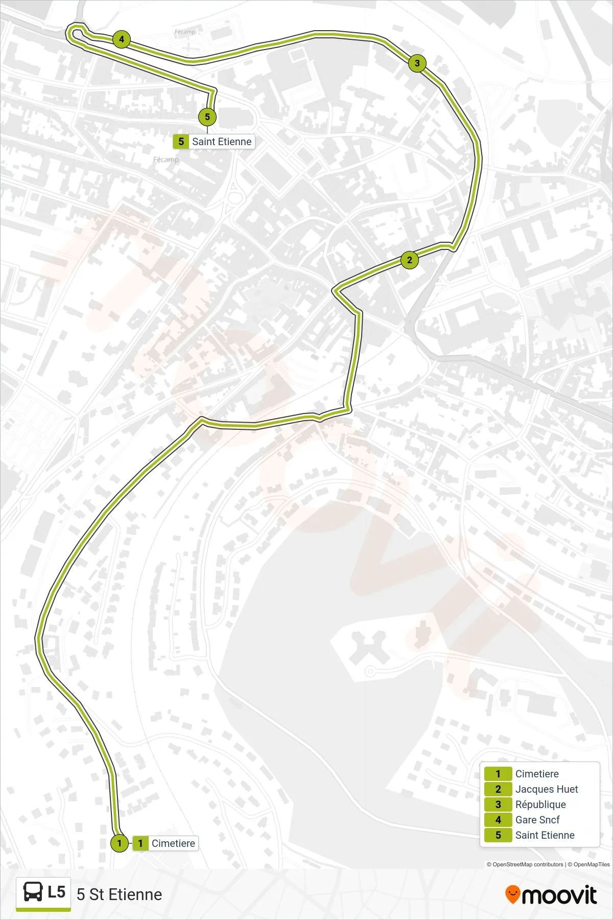 Tracé et arrêts de la ligne L5 de bus (5 St Etienne) sur une carte