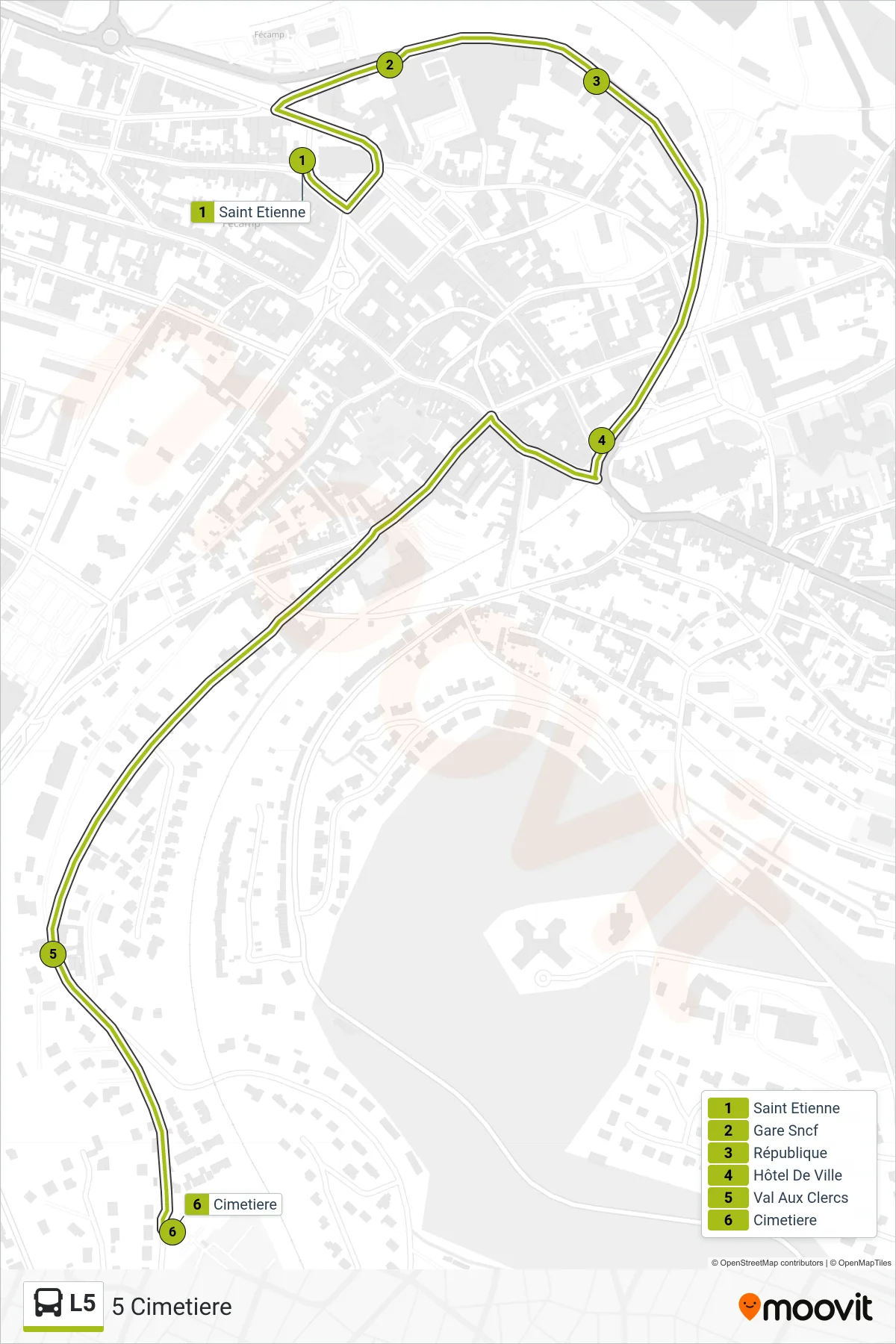 Tracé et arrêts de la ligne L5 de bus (5 Cimetiere) sur une carte
