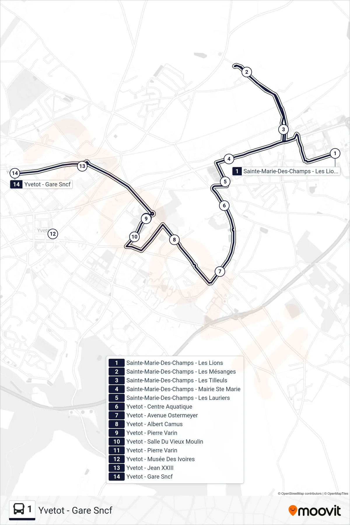 Tracé et arrêts de la ligne 1 de bus (Yvetot - Gare Sncf) sur une carte