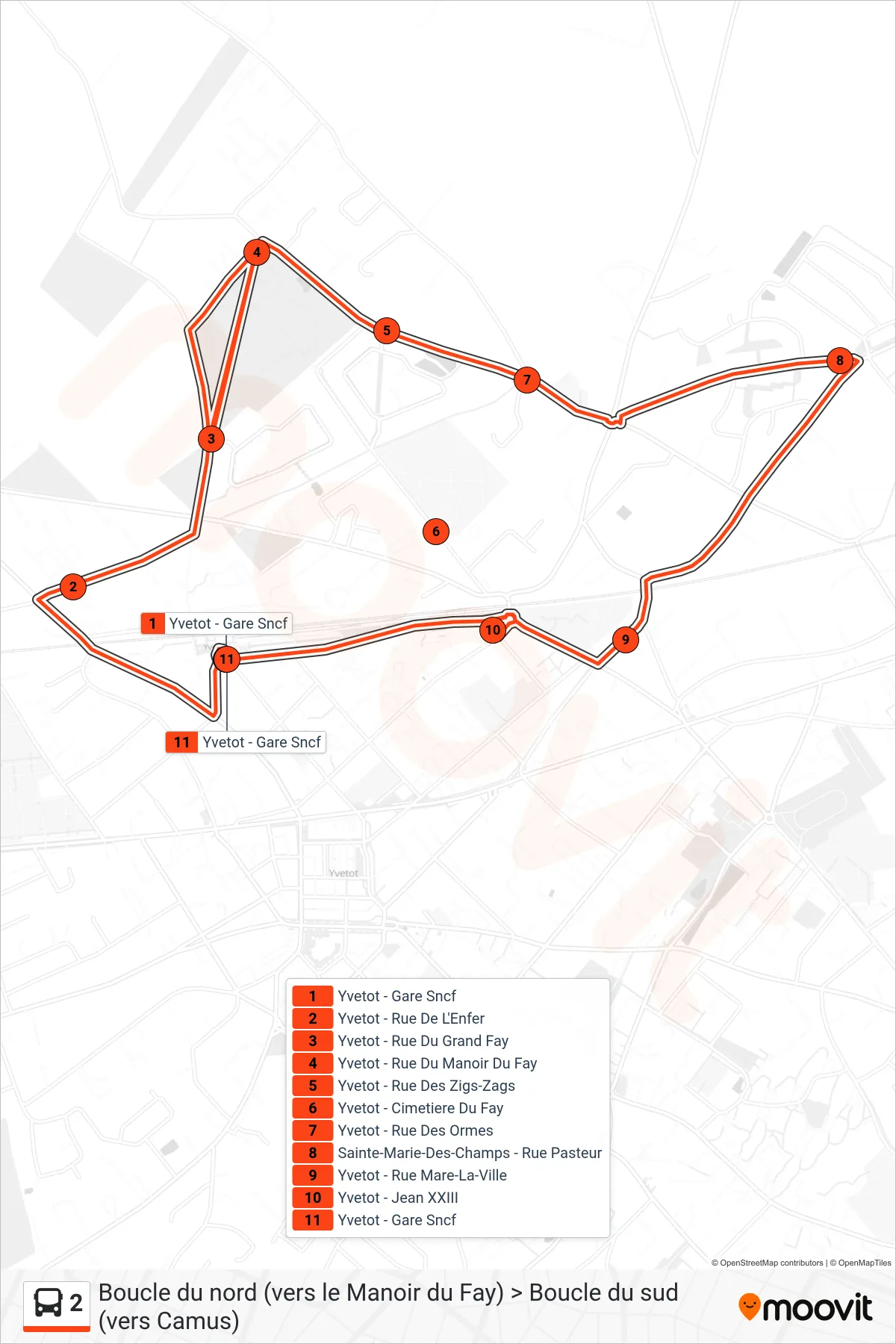 2 bus Line (Yvetot - Gare Sncf) route and stops on a map